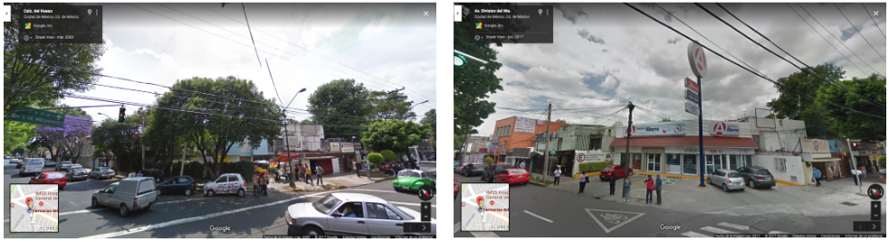 Una imagen de la avenida División del Norte, Alcaldía Tlalpan, tomada en marzo de 2009 (Izquierda). La misma dirección en junio de 2017, luego de la construcción de un local de Farmacias del Ahorro (Derecha) Google Maps