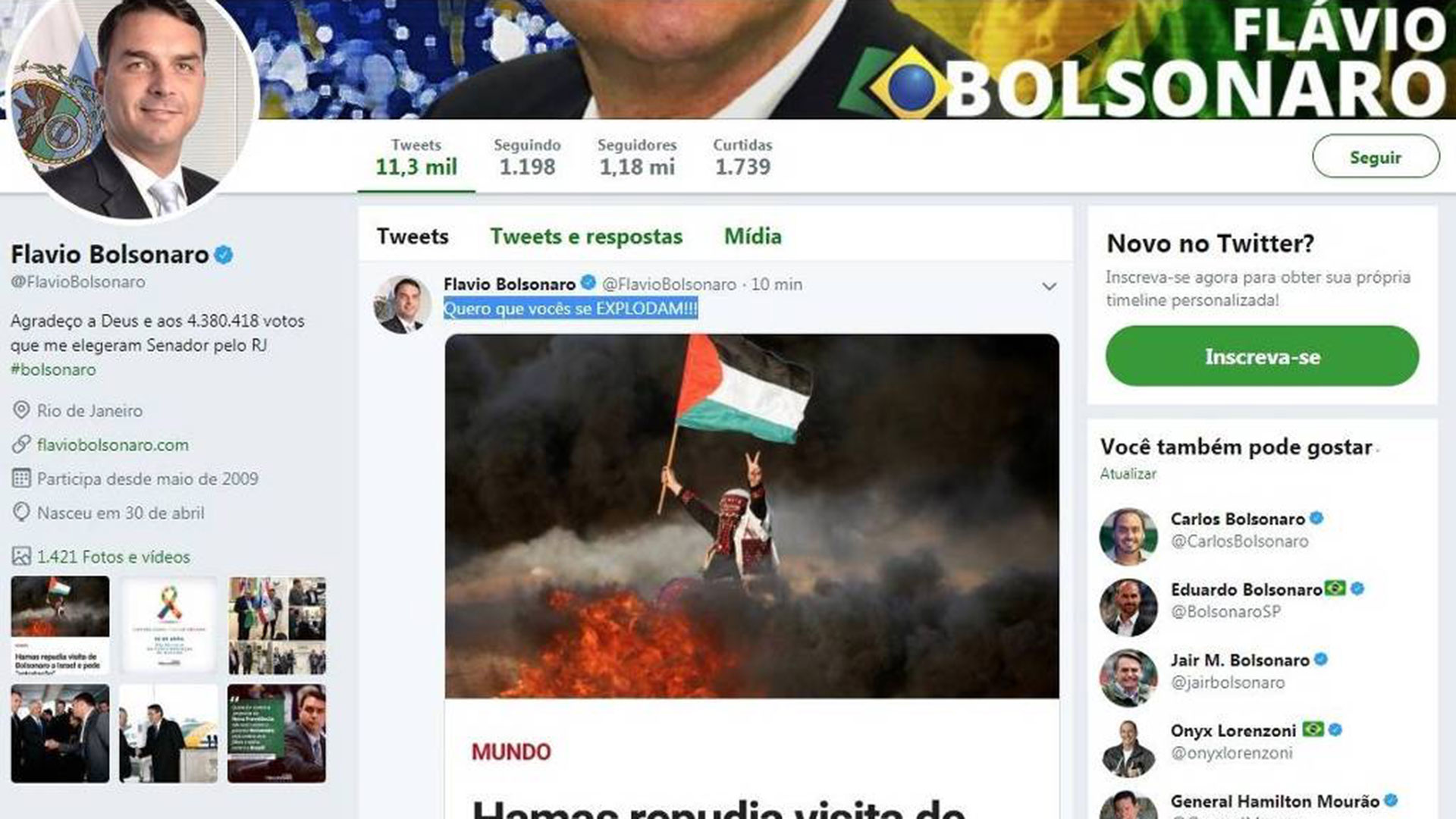 La publicación de Flavio Bolsonaro en Twitter que luego borró
