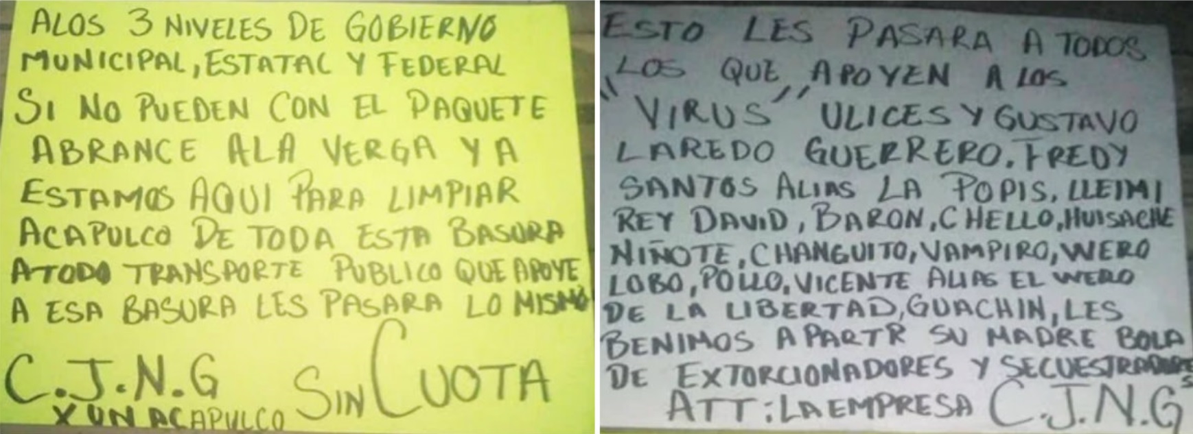 Los mensajes son dirigidos a las autoridades locales y federales, así como directamente a “Los Virus”, los supuestos líderes de la mafia que controlaría los secuestros, robos y extorsiones en la exclusiva zona turística de Acapulco, Guerrero Fotos: (Twitter)