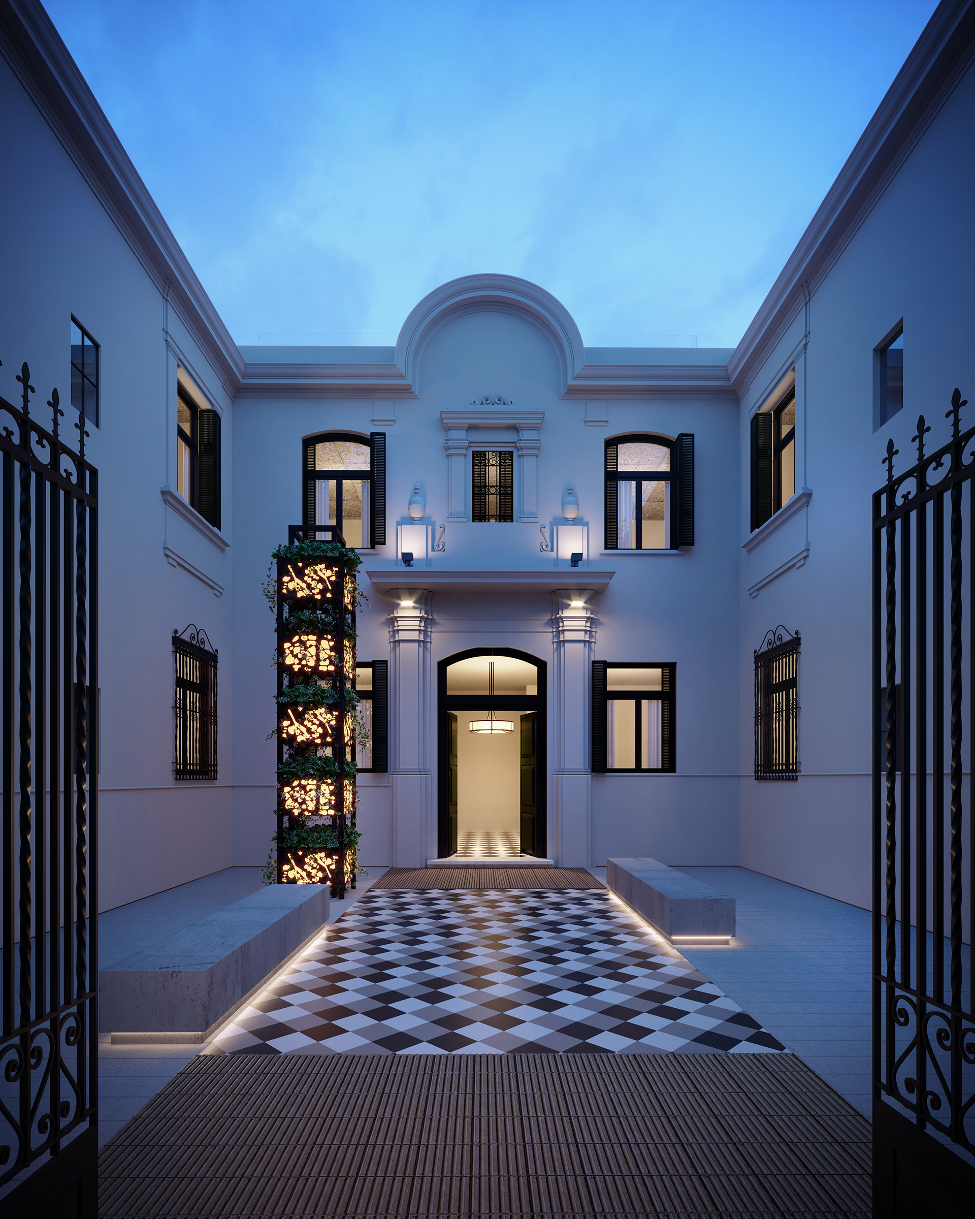 Imponente el patio interior del Palacio Cabrera, sobre la calle palermitana del mismo nombre. Inspirado en los años ´30 cuenta con planta baja y primer piso, y un nuevo volumen de tres pisos donde se ofrecerán unidades de 1 y 2 dormitorios, y lofts