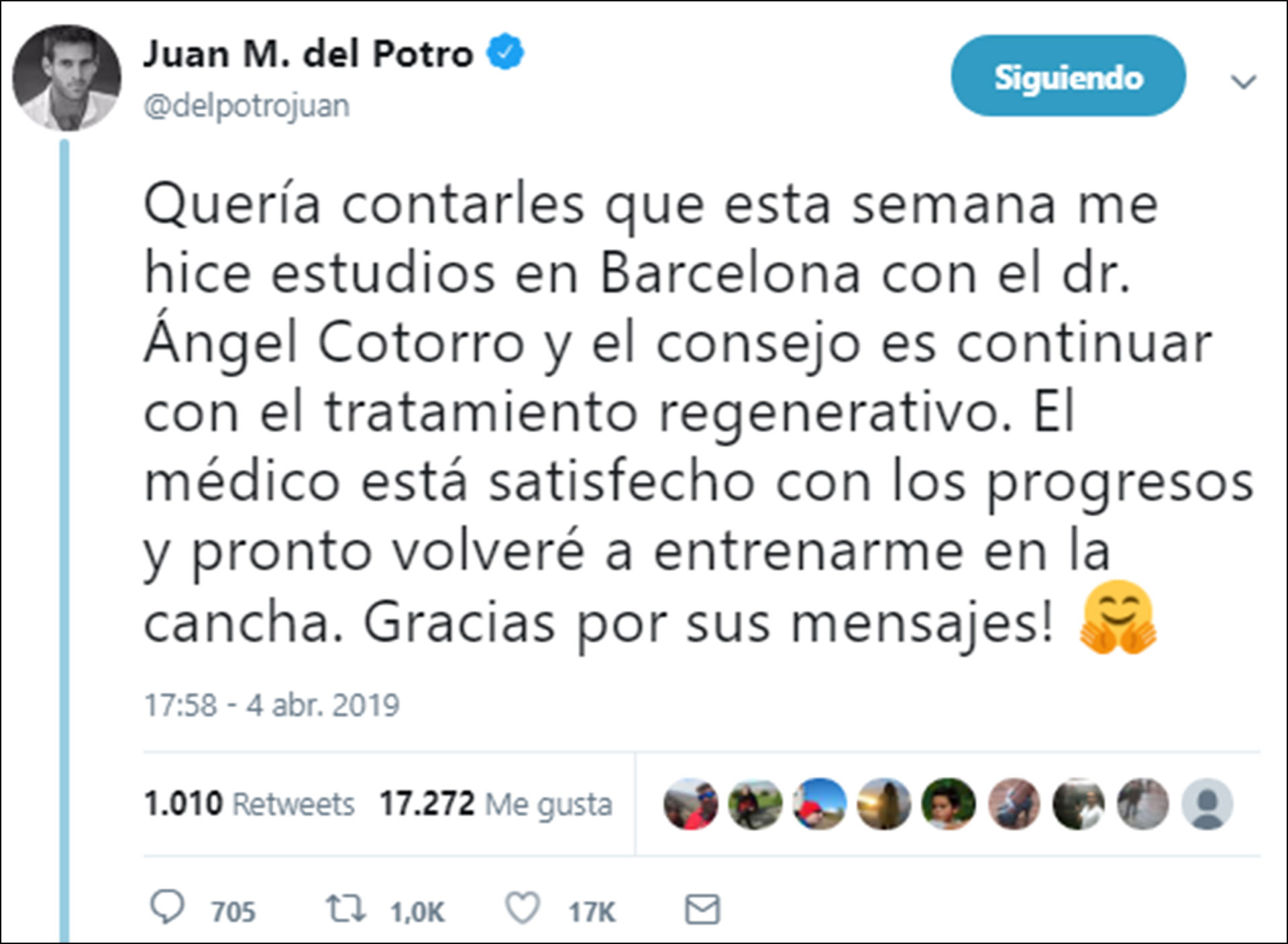 Este es el mensaje que publicó Del Potro en su cuenta de Twitter