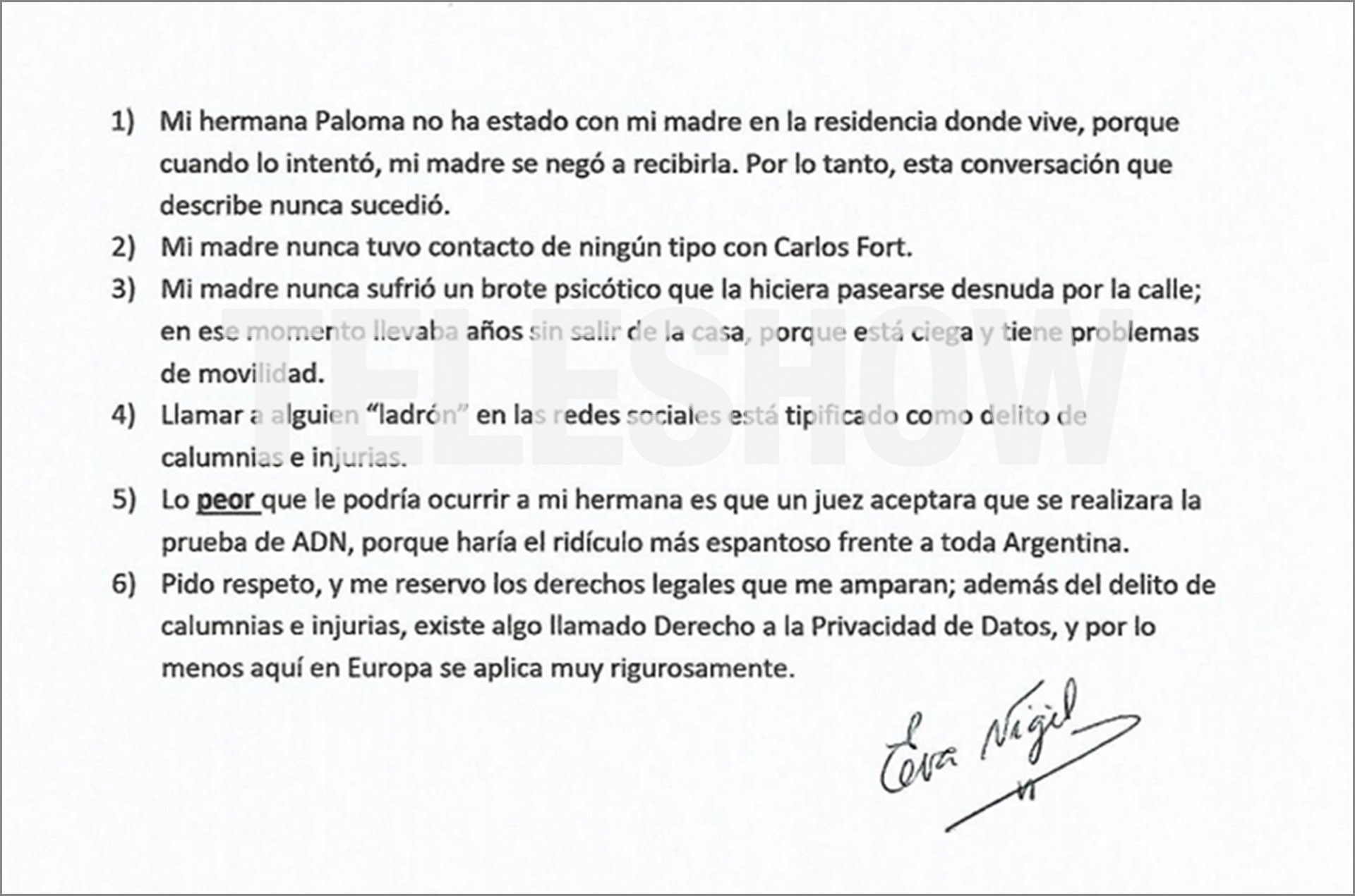 El documento que Eva Vigil Ruiz, hija de Aschira, envió a Teleshow para contar su verdad