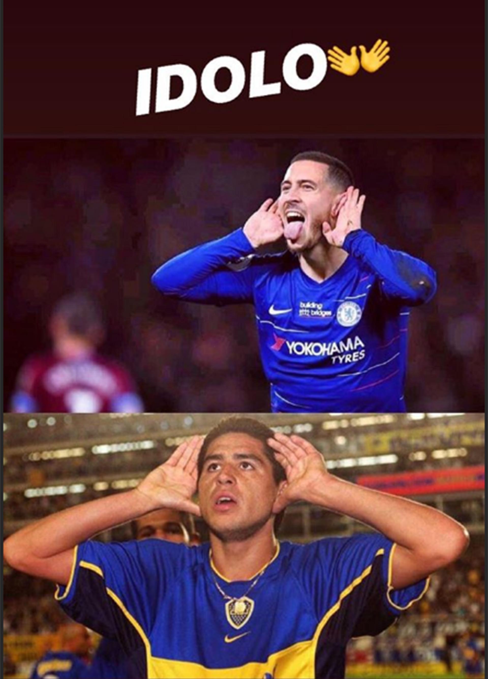 “Ídolo” y los emoji de las manos que comparan el “Topo Gigio” de Hazard y Riquelme (Instagram @hazardeden_10)