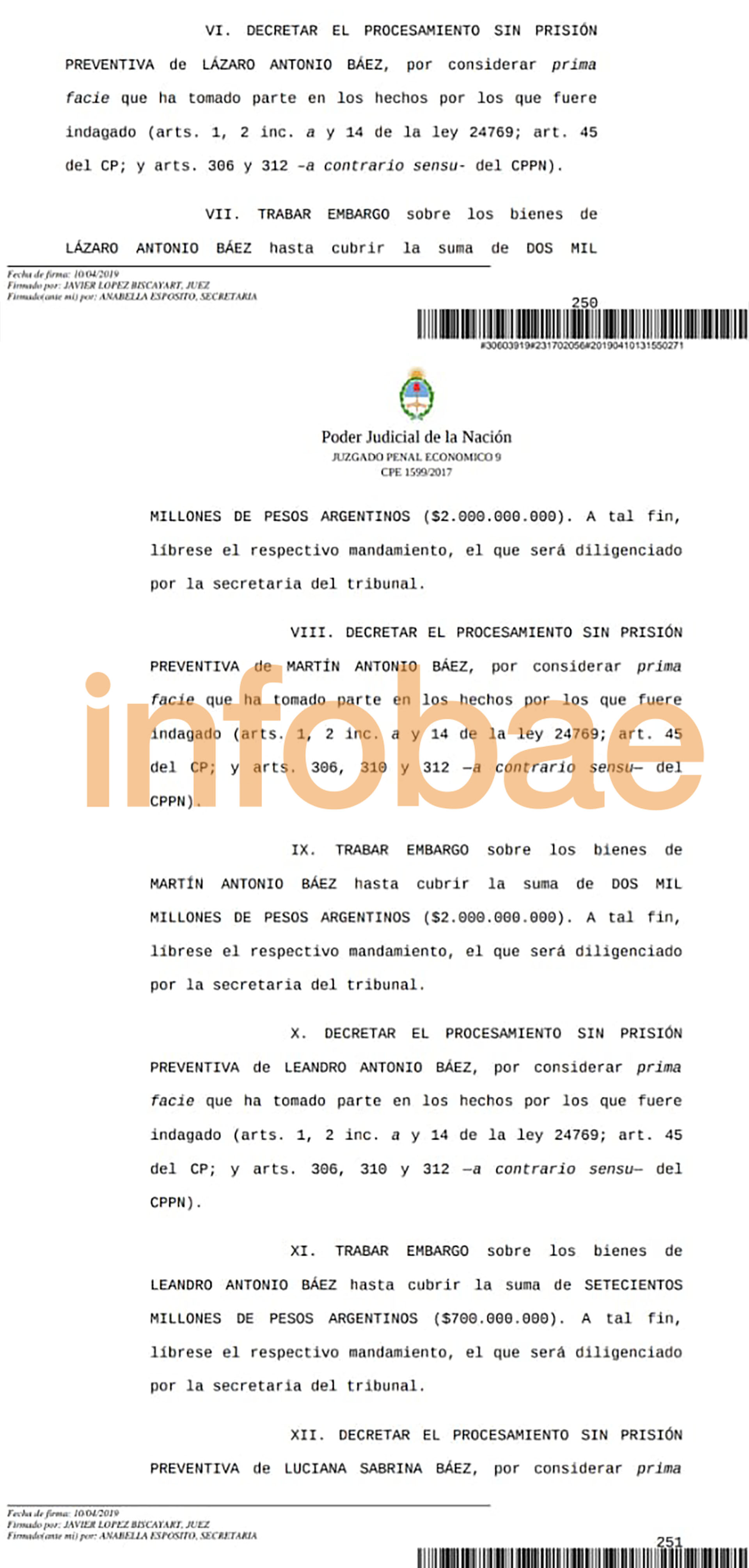 El fallo de López Biscayart que determinó el procesamiento y el embargo de Lázaro Báez y sus hijos.
