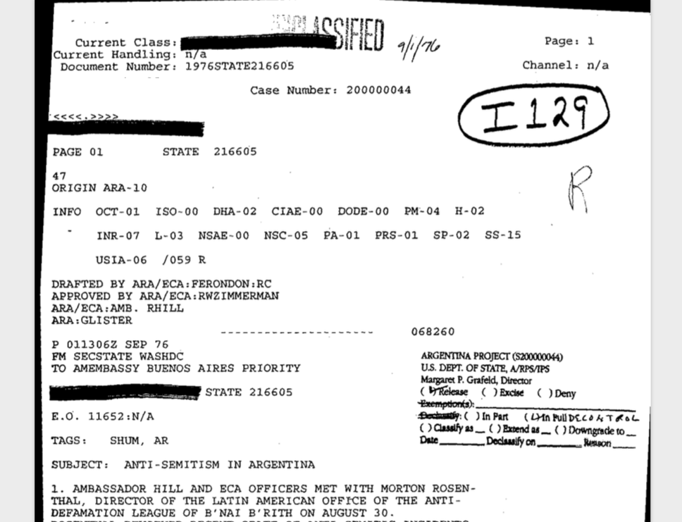 Uno de los documentos desclasificados cuenta la reunión entre el embajador Robert Hill y un miembro de la Liga Antidifamación de EEUU preocupado por la situación argentina.