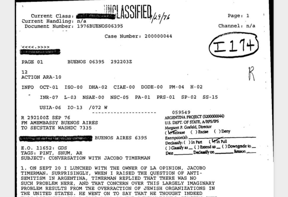 El embajador Hill se mostró sorprendido por la negativa de Timerman a considerar que el antisemitismo era un problema grave.