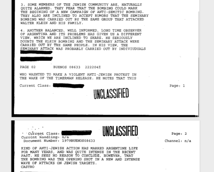 Los documentos muestran que el Departamento de Estado no creyó, como la dirigencia de la comunidad judía, que la bomba contra Klein tuviera el mismo origen que las antisemitas.