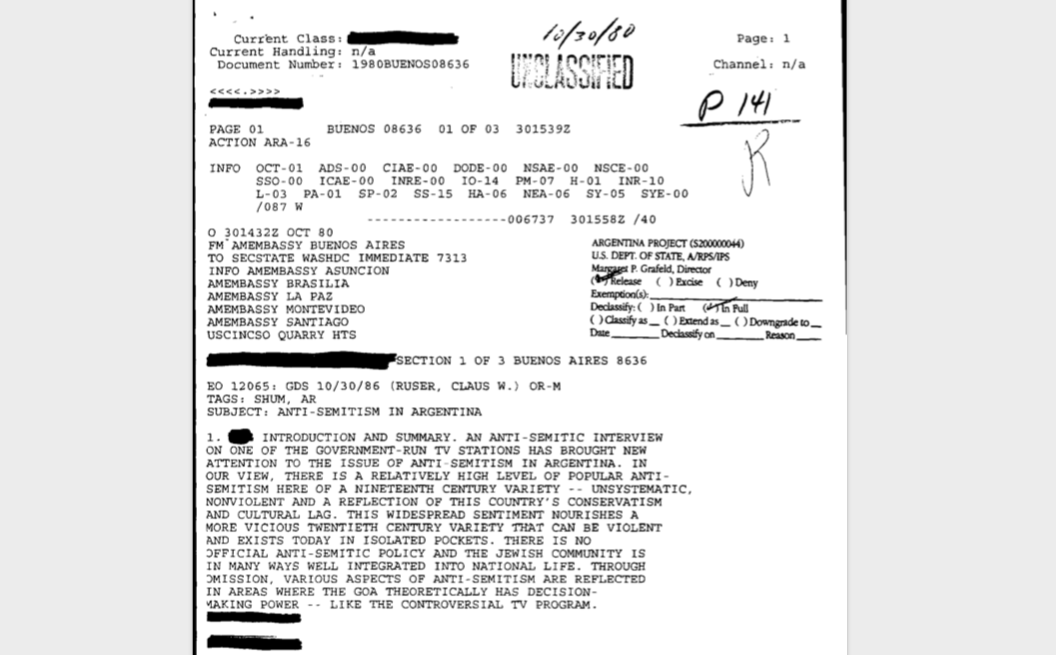Un extenso telegrama de seis páginas se dedicó a explicar a Washington DC la entrevista antisemita que hizo un reconocido periodista argentino de televisión.