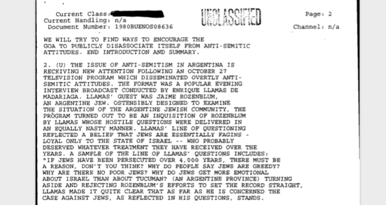 El cable, además de describir el interrogatorio de Enrique Llamas de Madariaga, da contexto sobre la historia del antisemitismo en la Argentina.