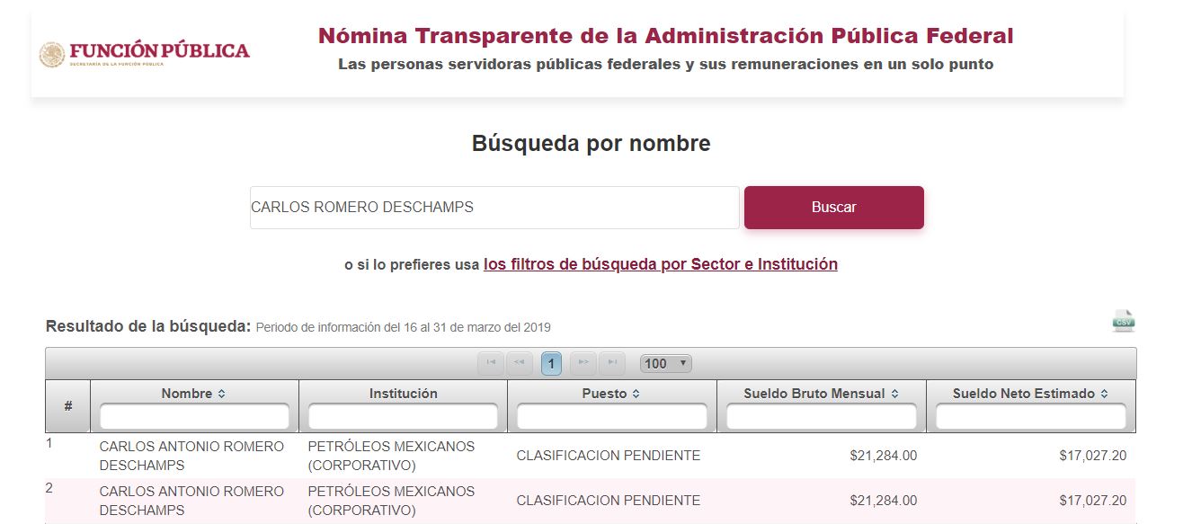 En la plataforma de Función Pública se muestra dos veces el líder sindical (Foto: Nomina Transparente)