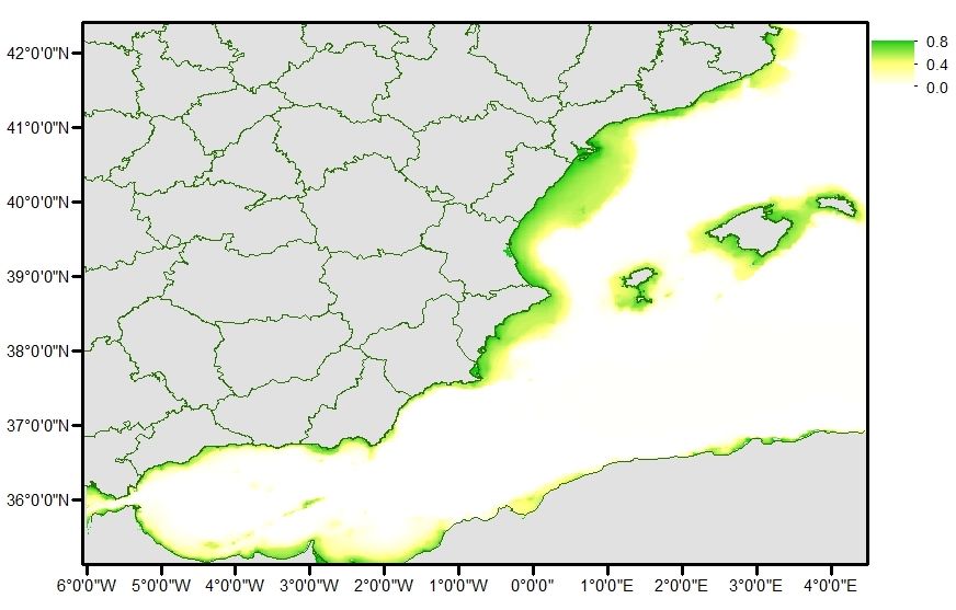 Mapa de predicción de presencia de delfín mular en la costa oeste mediterránea. Author provided (No reuse)