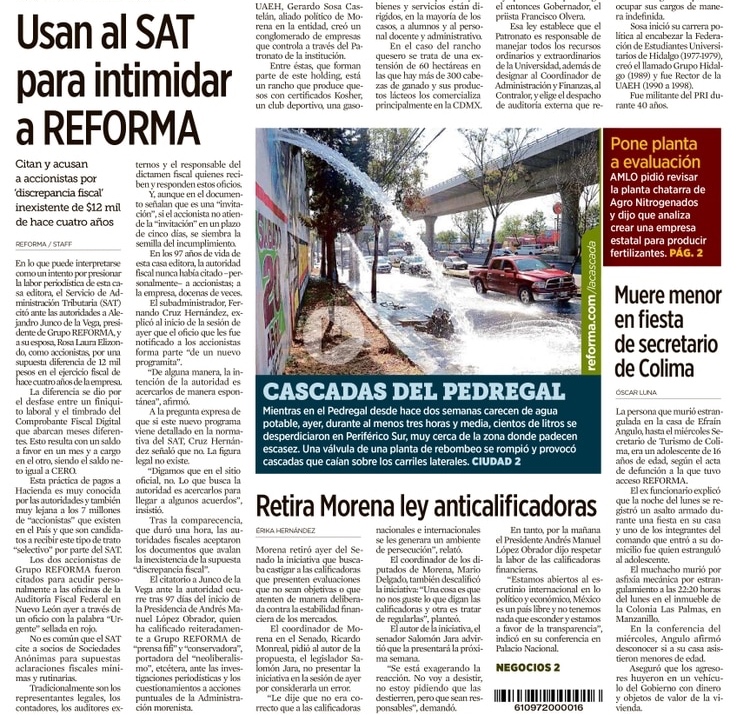 El diario Reforma denunció intimidación del SAT (Foto Reforma.com)
