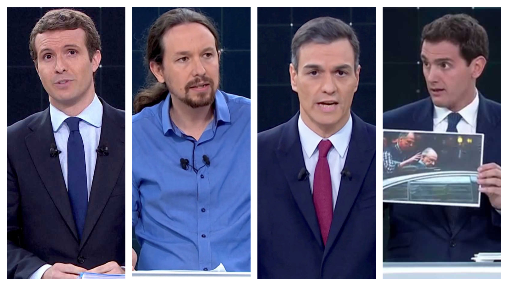 Debate en TV: Pablo Casado, presidente del PP, Pedro Sánchez, líder del Psoe, Pablo Iglesias, secretario general de Podemos y Albert Rivera, presidente de Ciudadanos luchan para convencer al electorado español. Rtve.es