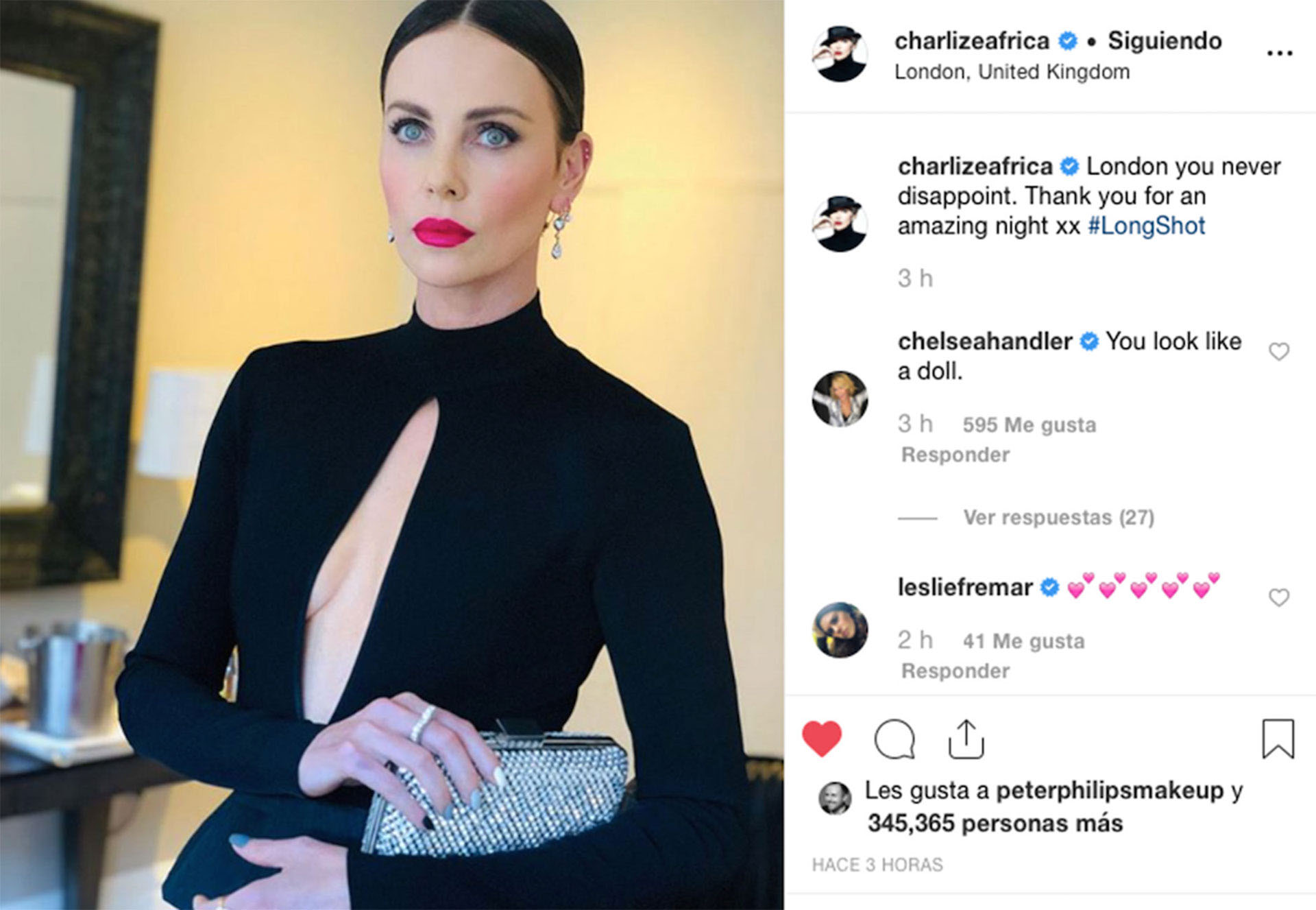“Londres, nunca me defraudas”, posteó la actriz sudafricana en su cuenta personal de Instagram con una foto ya lookeada antes de salir a la premiere.