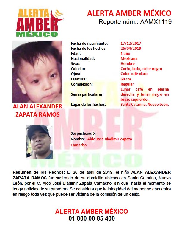El menor fue sustraído por su padre, presunto responsable del asesinato de un menor(Foto: Twitter @AAMBER_mx)