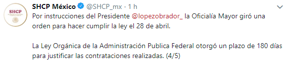 La Secretaría aclaró que tienen hasta el 29 de mayo para justificar las nuevas contrataciones (Foto: Twitter @SHCP_mx)}