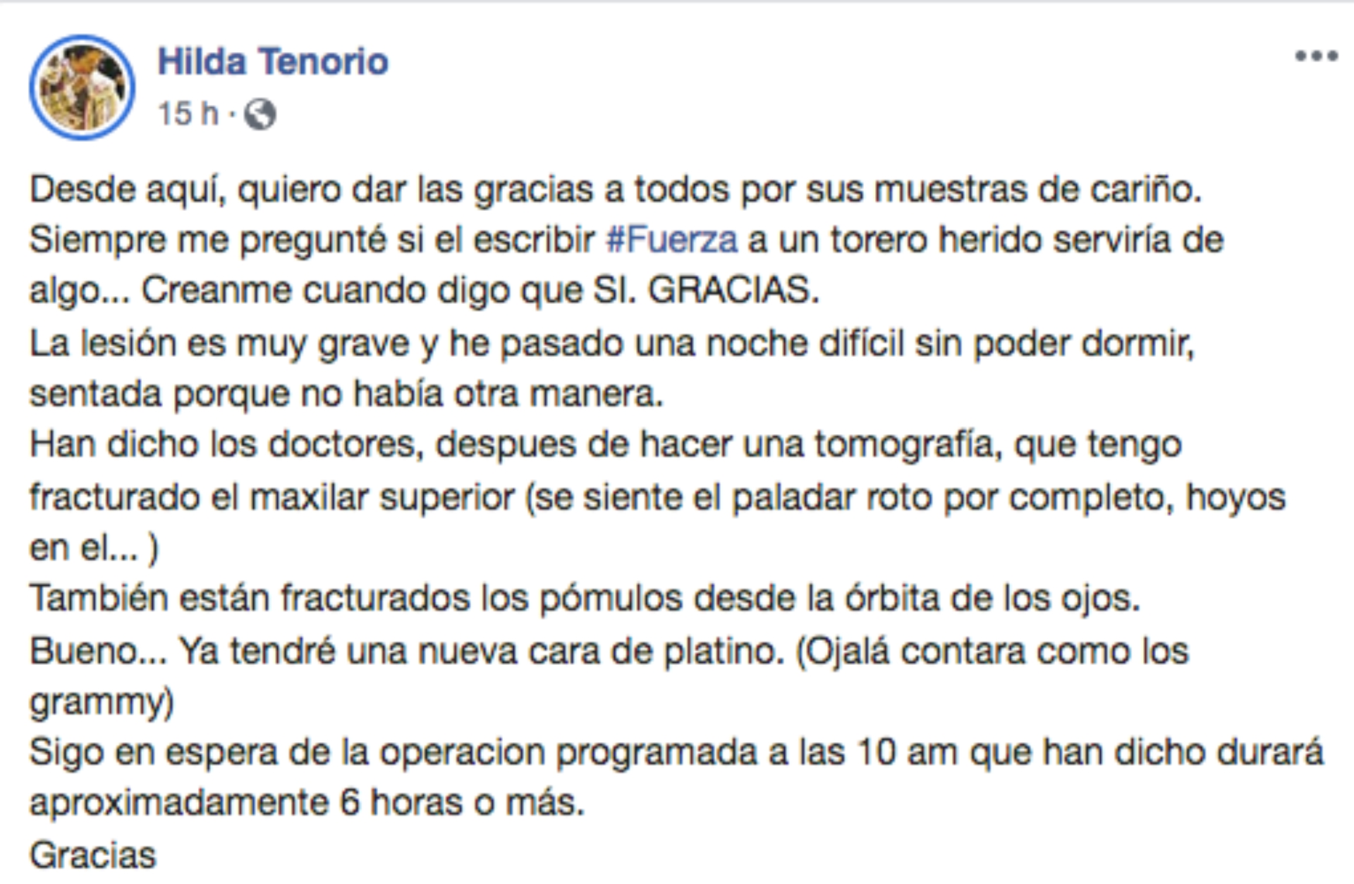 Así fue el primer mensaje de la torera, poco antes de ser intervenida quirúrgicamente tras la cornada (Foto: Facebook)
