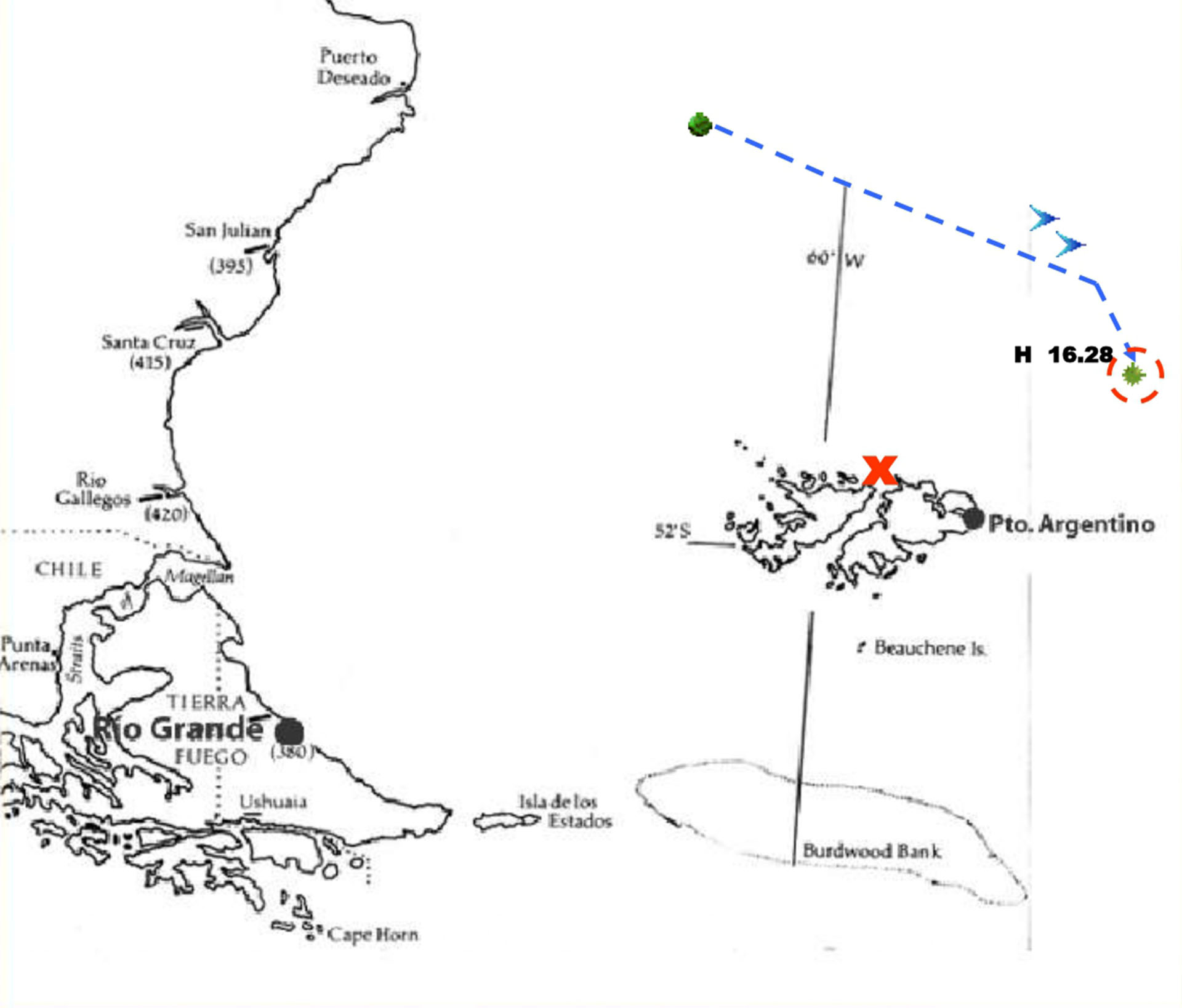 Así fue la ruta de ataque: desde Río Grande volaron mil kilómetros hasta la latitud de Puerto Deseado donde reabastecieron combustible. Luego viraron hacia el este y a un distancia de 37 km del blanco dispararon los misiles. Fueron 4.10 horas de vuelo.
