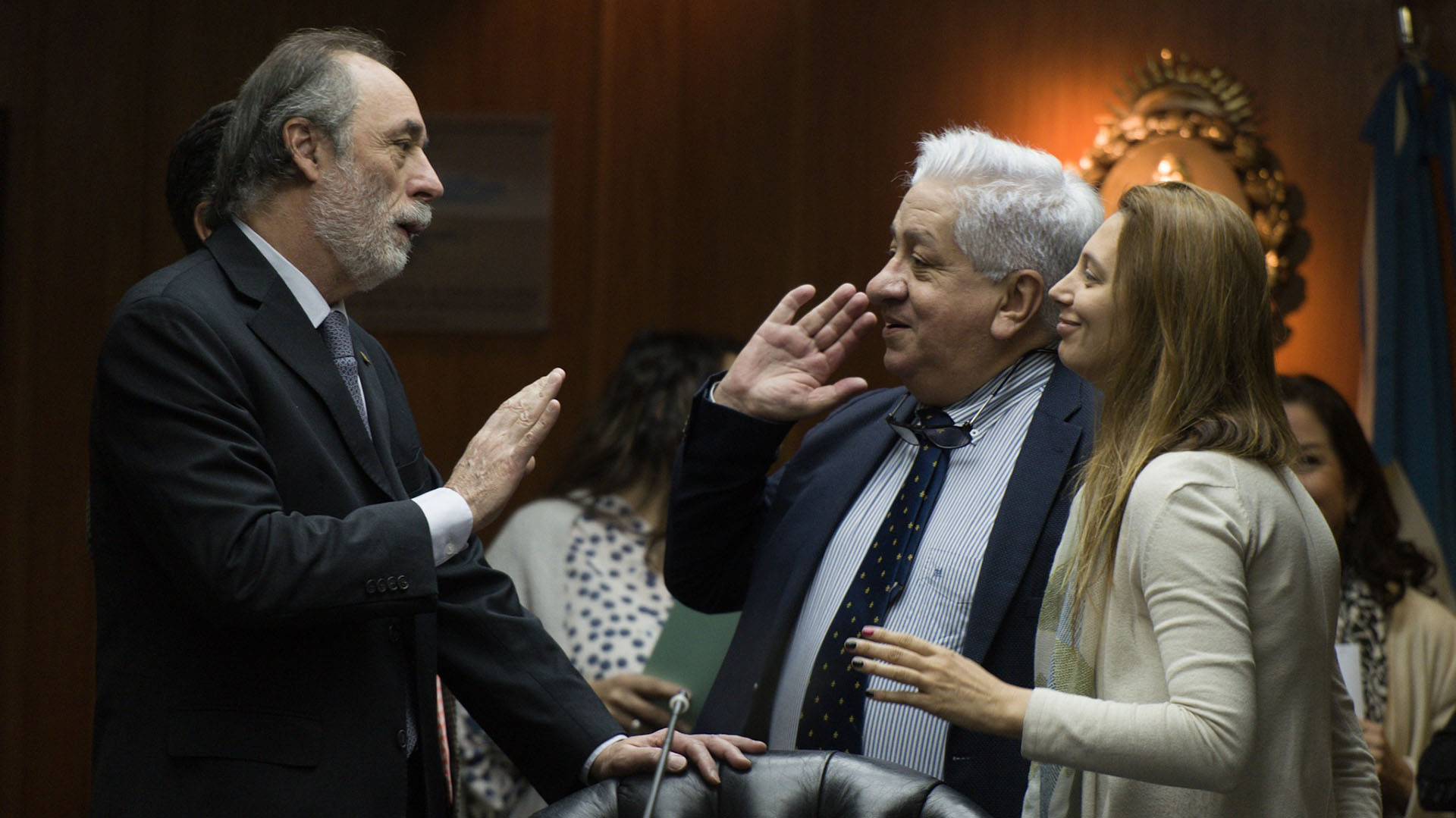 El consejero Pablo Tonelli, Julio Piumato y Carolina Lospenatto, del gremio de los Judiciales
