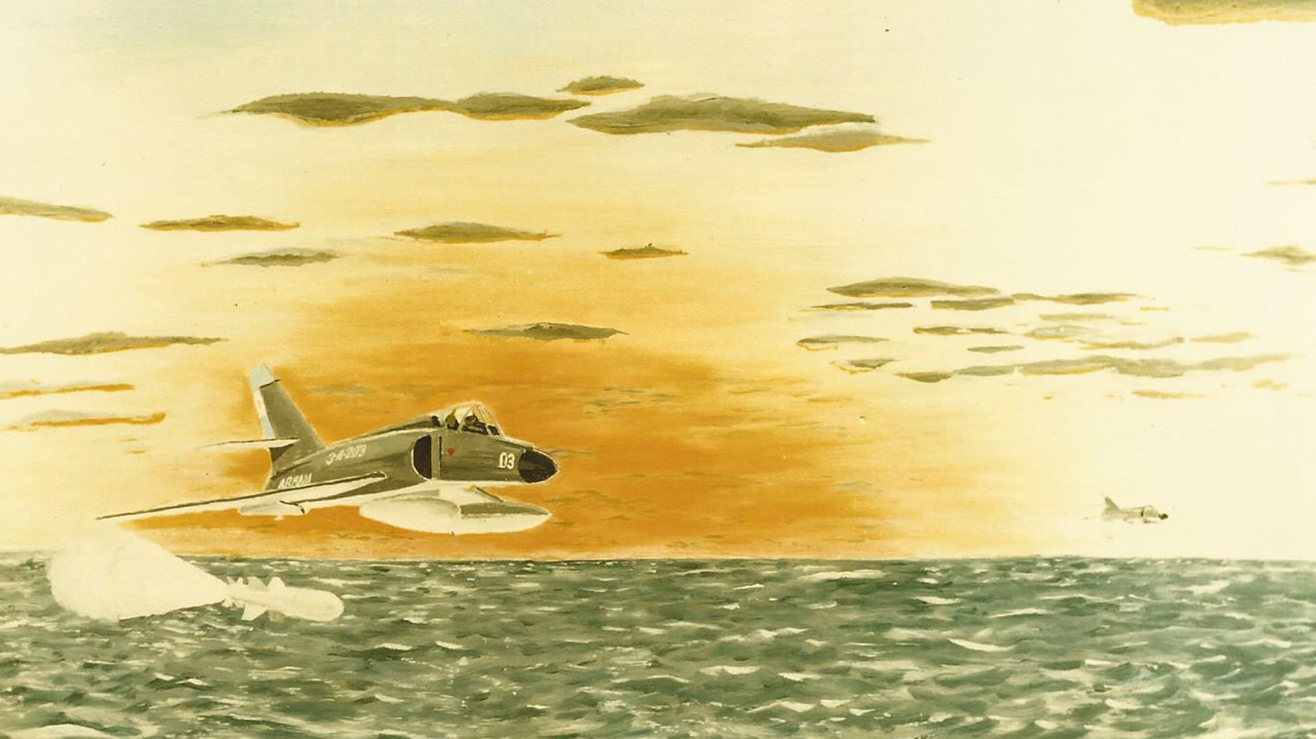 El recuerdo de aquella misión en una témpera que pintó Barraza y que lo acompaña en su casa de Vancouver: “El mar era de un profundo gris plomo y al dirigirnos hacia el este teníamos un sol bajo y tenue sobre nuestras espaldas”, rememora.