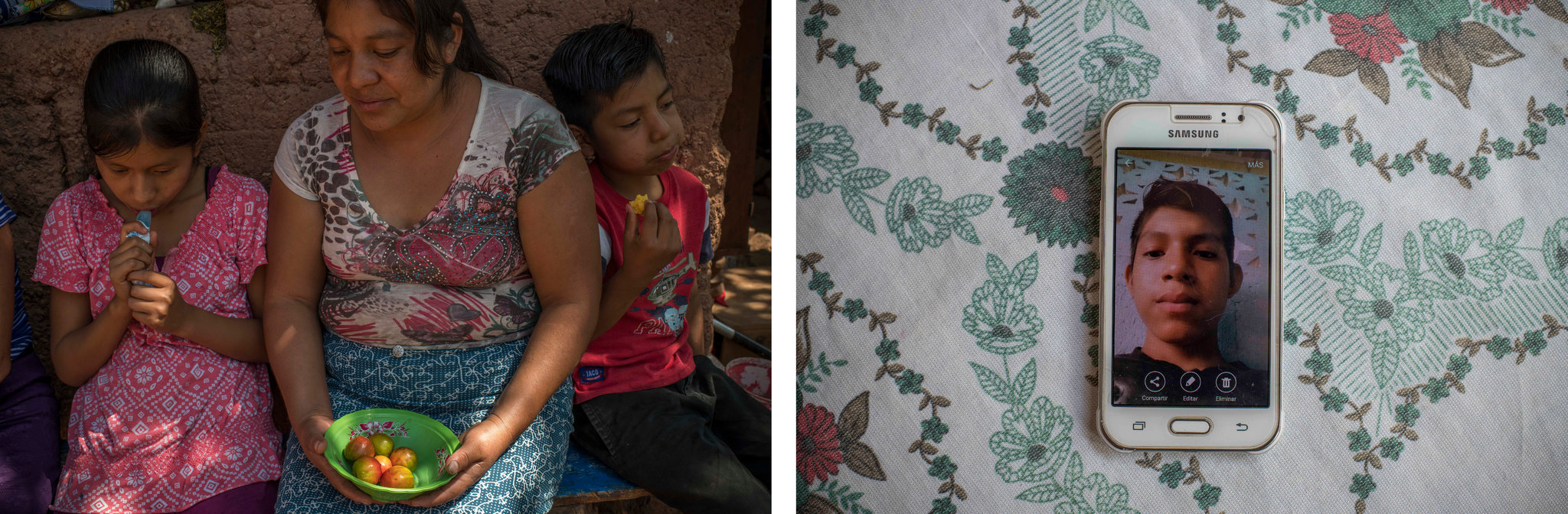 A la izquierda, Candelaria Sales García con dos de sus hijos, Gabriela y Leo Pablo. A la derecha, una foto de Álex Pablo se muestra en la pantalla del celular de su madre (Daniele Volpe para The New York Times)