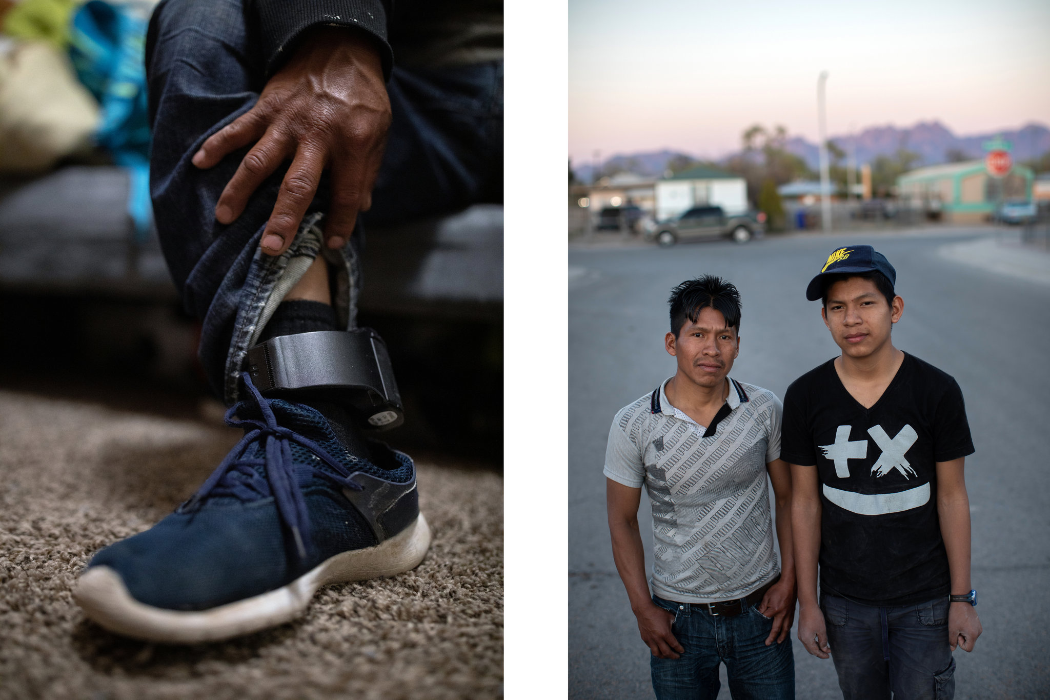 A la izquierda, el Servicio de Inmigración y Control de Aduanas estadounidense (ICE) le puso a Rigoberto Pablo un monitor electrónico. A la derecha, Rigoberto y su hijo Álex (Tamir Kalifa para The New York Times)