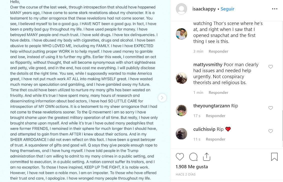 El actor publicó una larga carta antes de suicidarse (Foto: Instagram @IsaacKaapy)