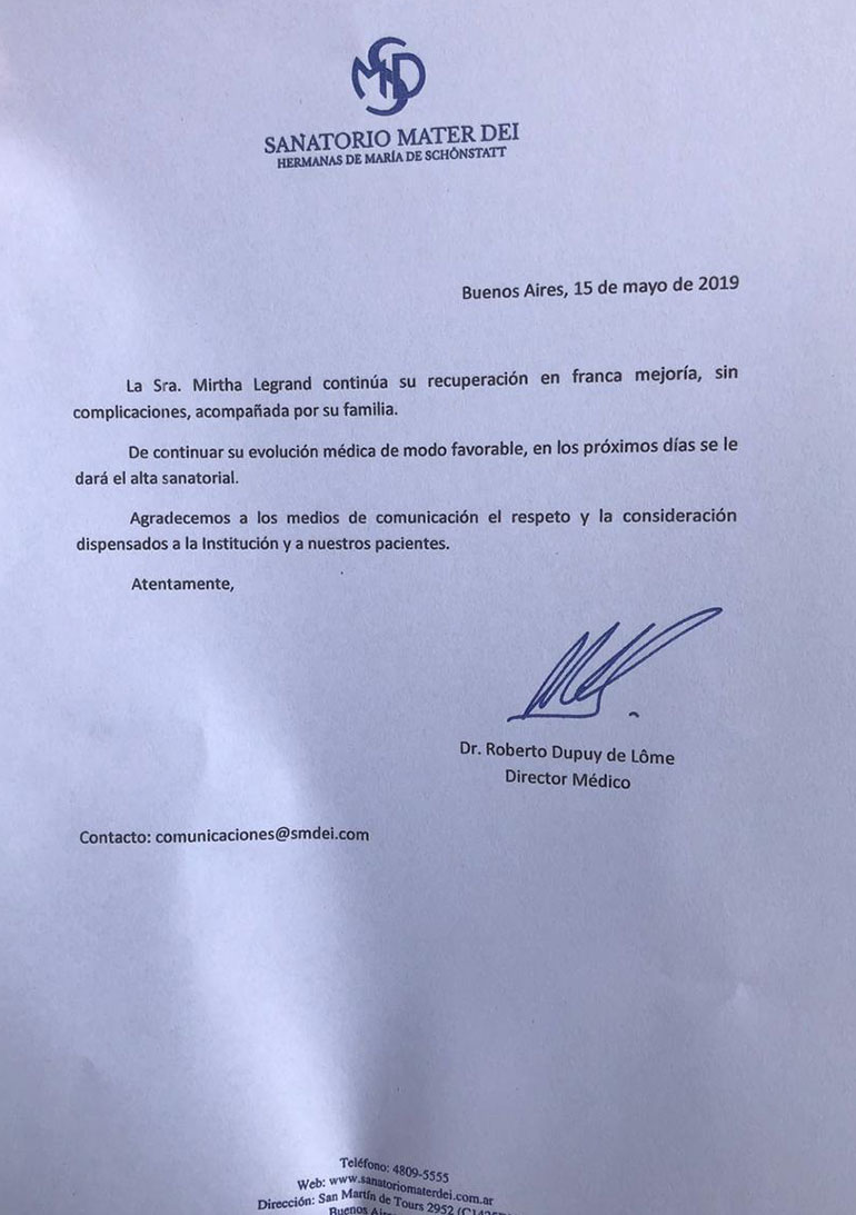 El parte médico sobra la salud de Mirtha Legrand