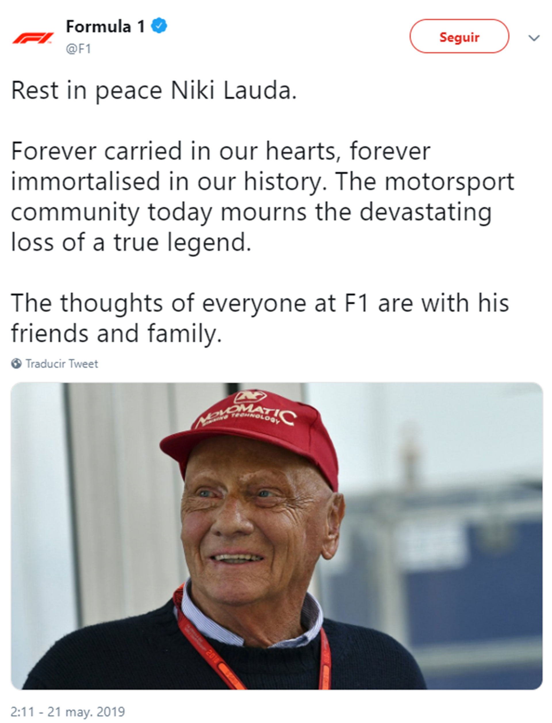 La Fórmula 1 escribió un conmovedor mensaje para Lauda, fallecido a los 70 años