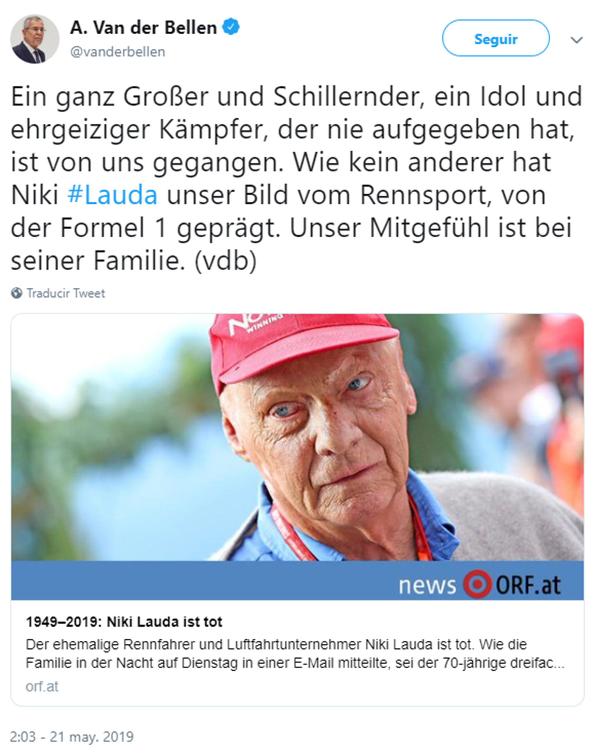 Alexander Van der Bellen, presidente de Austria, envió un mensaje de condolencias a la familia de Niki Lauda