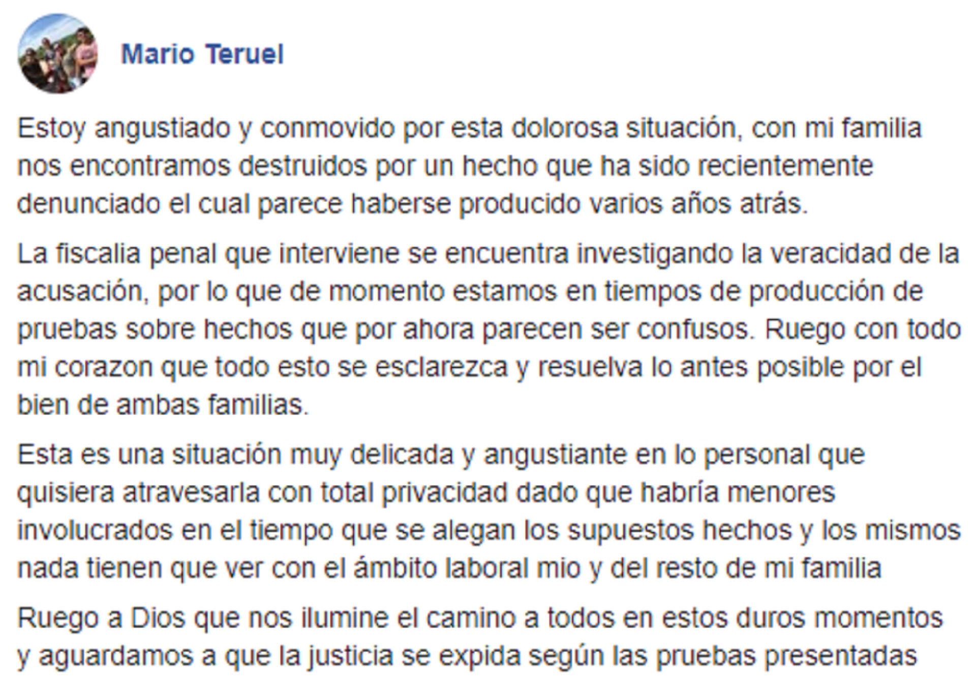 El comunicado de Mario Teruel