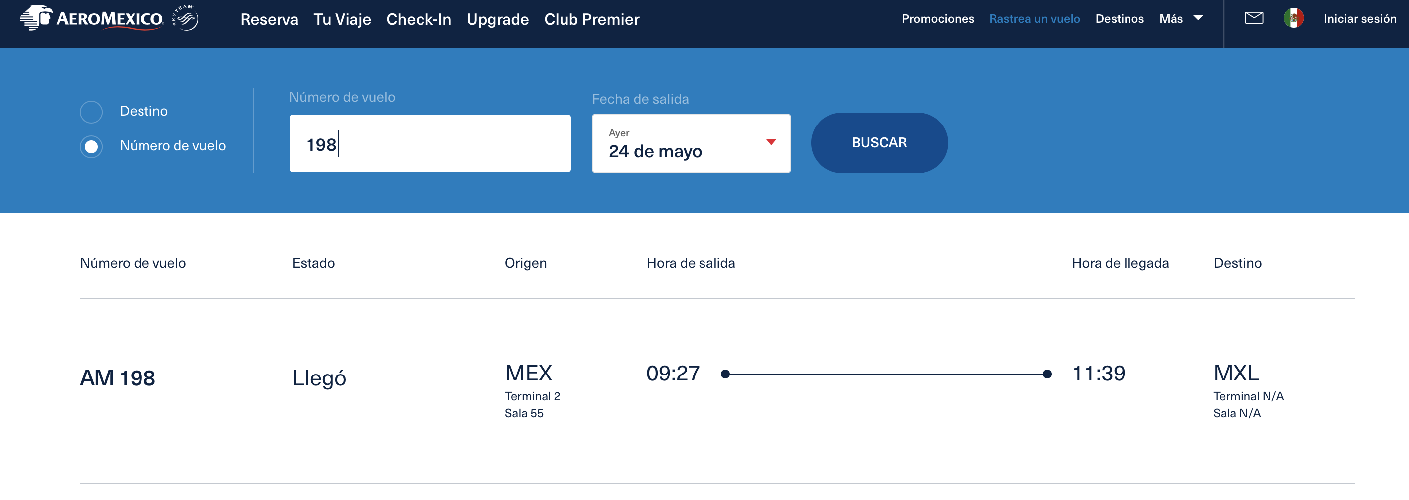 La información oficial del vuelo 198 de Aeromexico del viernes 24 de mayo (Foto: aeromexico.com)