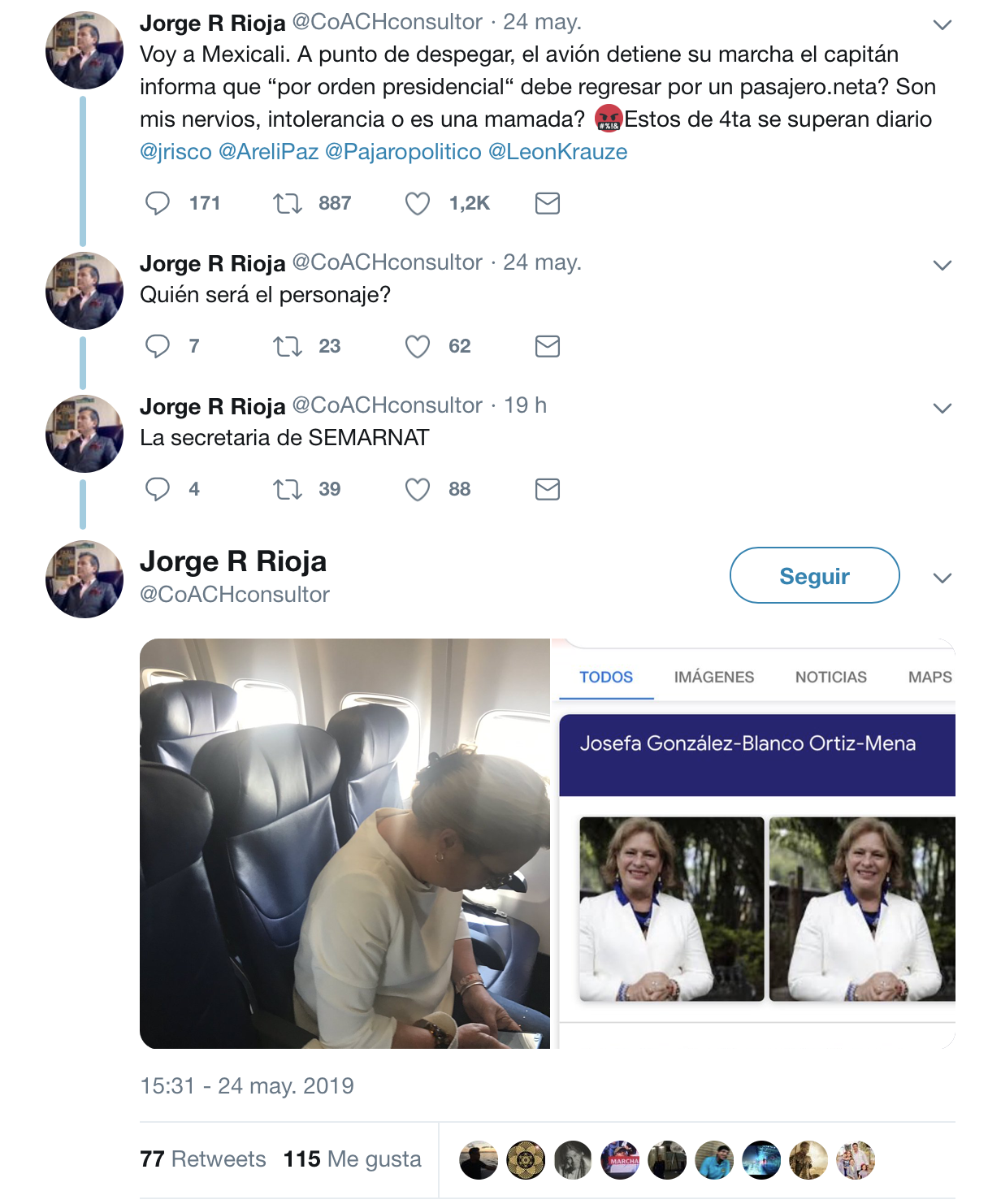 La cadena de twees de Rioja, quien supuestamente viajaba en el avión (Foto: Twitter @CoACHconsultor)