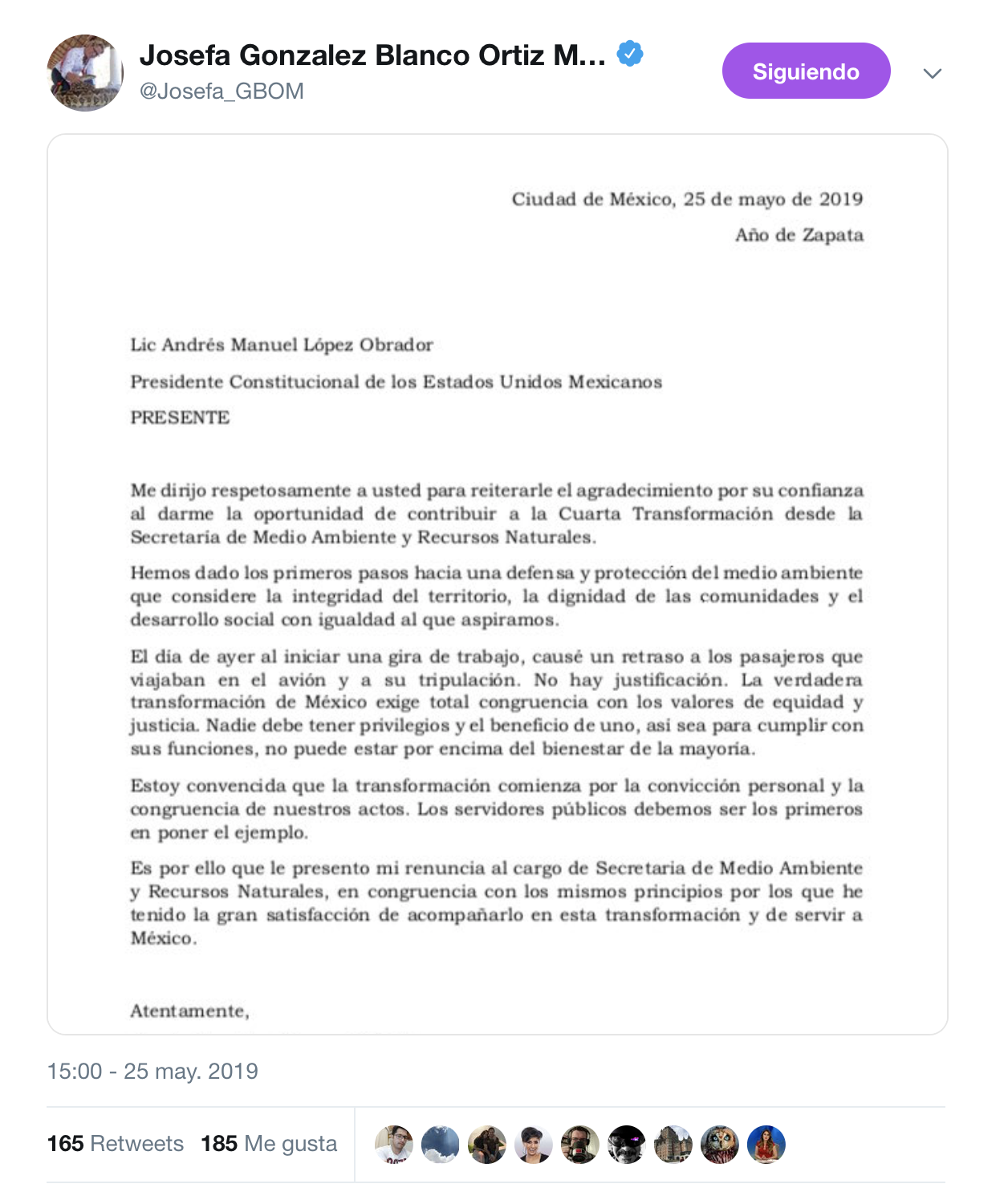 El mensaje de renuncia de la titular de Semarnat (Foto: Twitter @Josefa_GBOM)