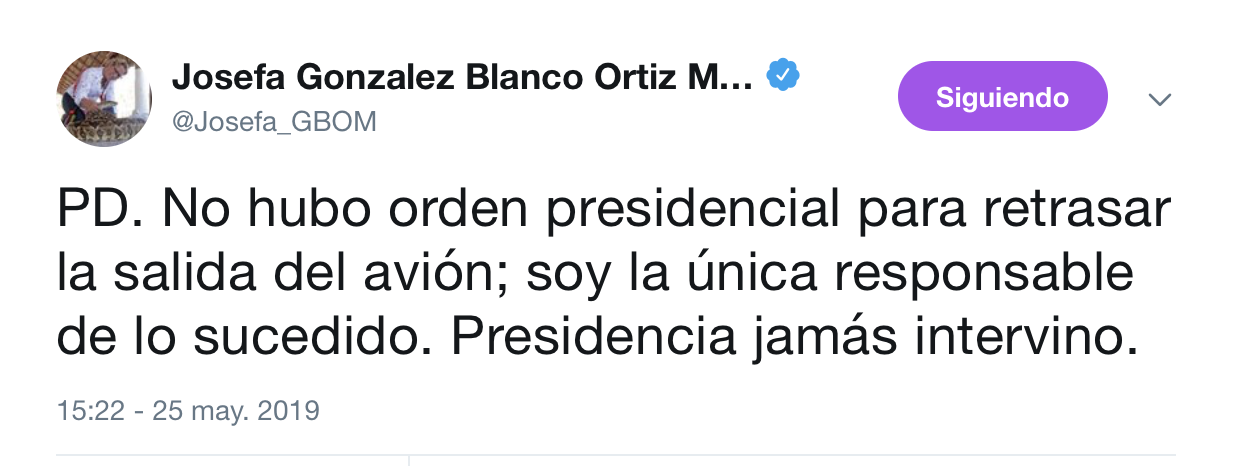 La secretaria asumió toda la responsabilidad por el retraso del vuelo (Foto: Twitter @Josefa_GBOM)