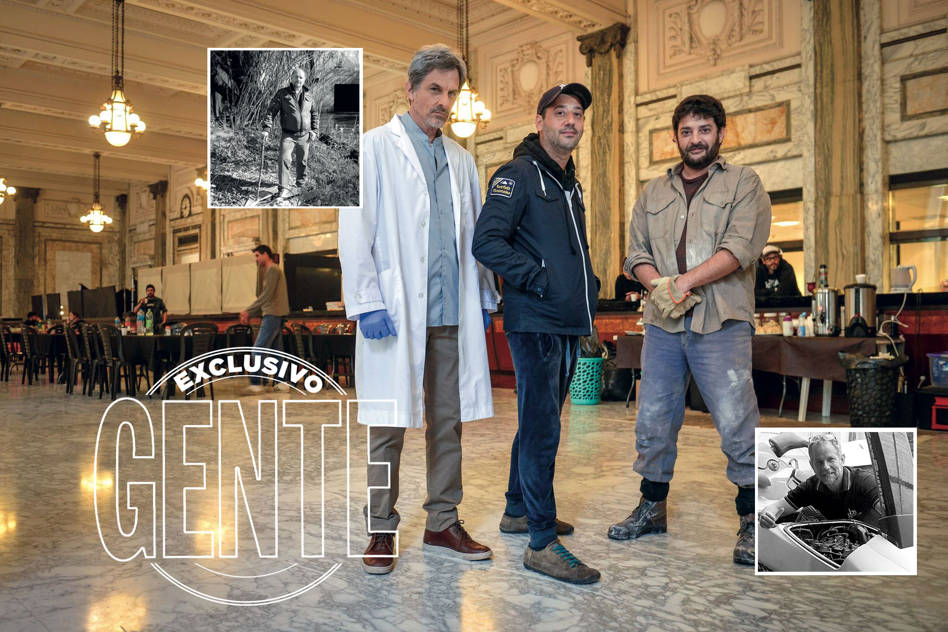 “¡La combinación de un atraco y una obra de arte!”, entiende Winograd, el director. Aquí junto a Rafael Ferro (hace de Alberto de la Torre, quien se ocupó de la toma de rehenes) y Pablo Rago (personifica a Sebastián García Bolster, aparente constructor del túnel de escape).