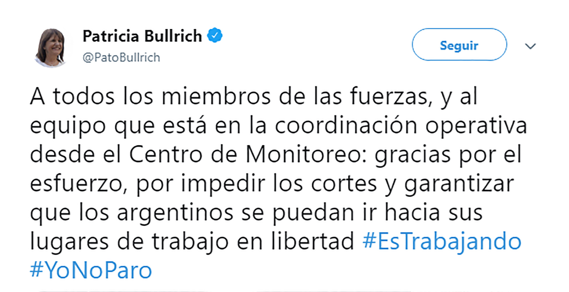 Tweet Patricia Bullrich - Paro 29 mayo