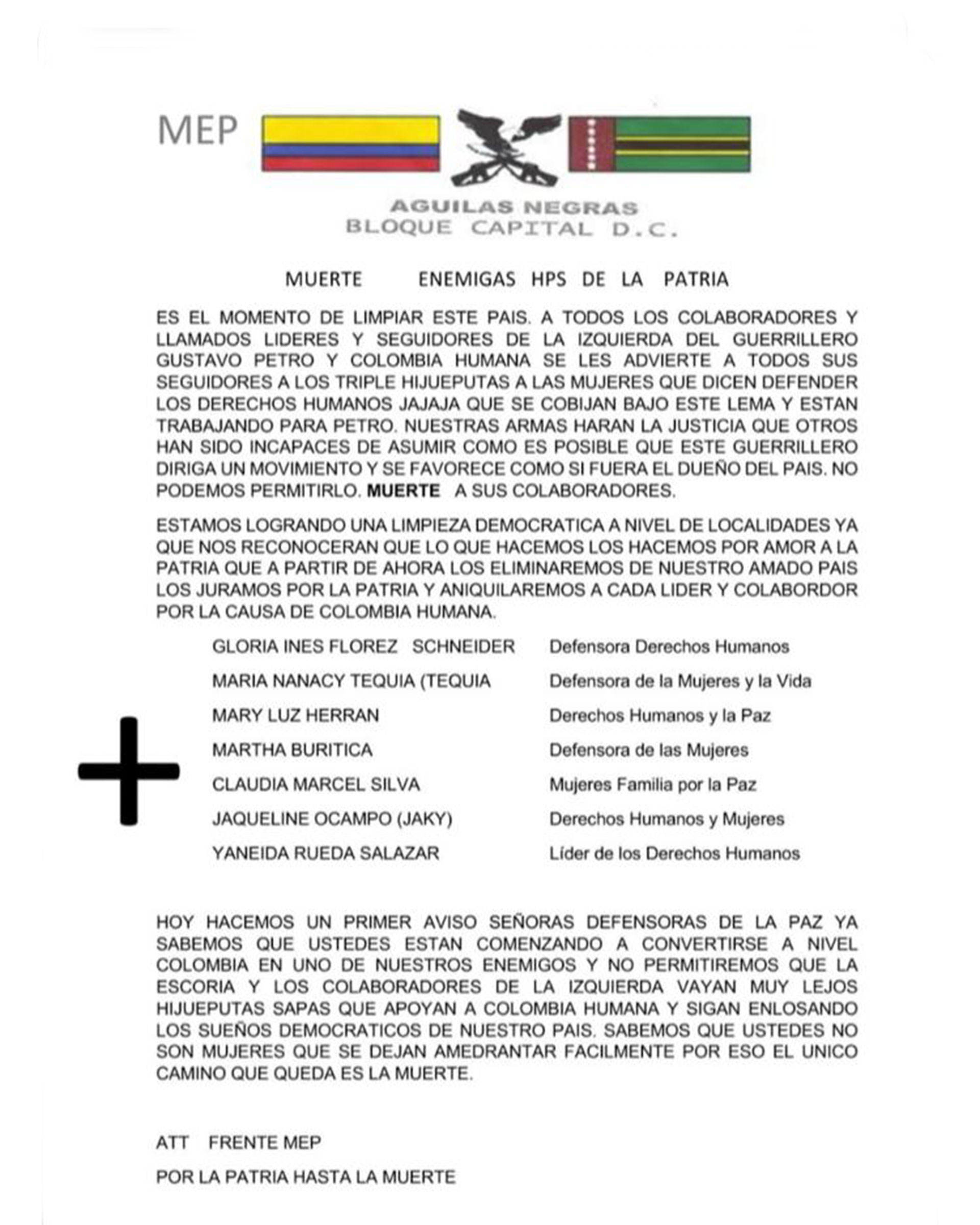 Comunicado divulgado esta semana en redes sociales en el que amenazan de muerte a siete mujeres líderes del país.