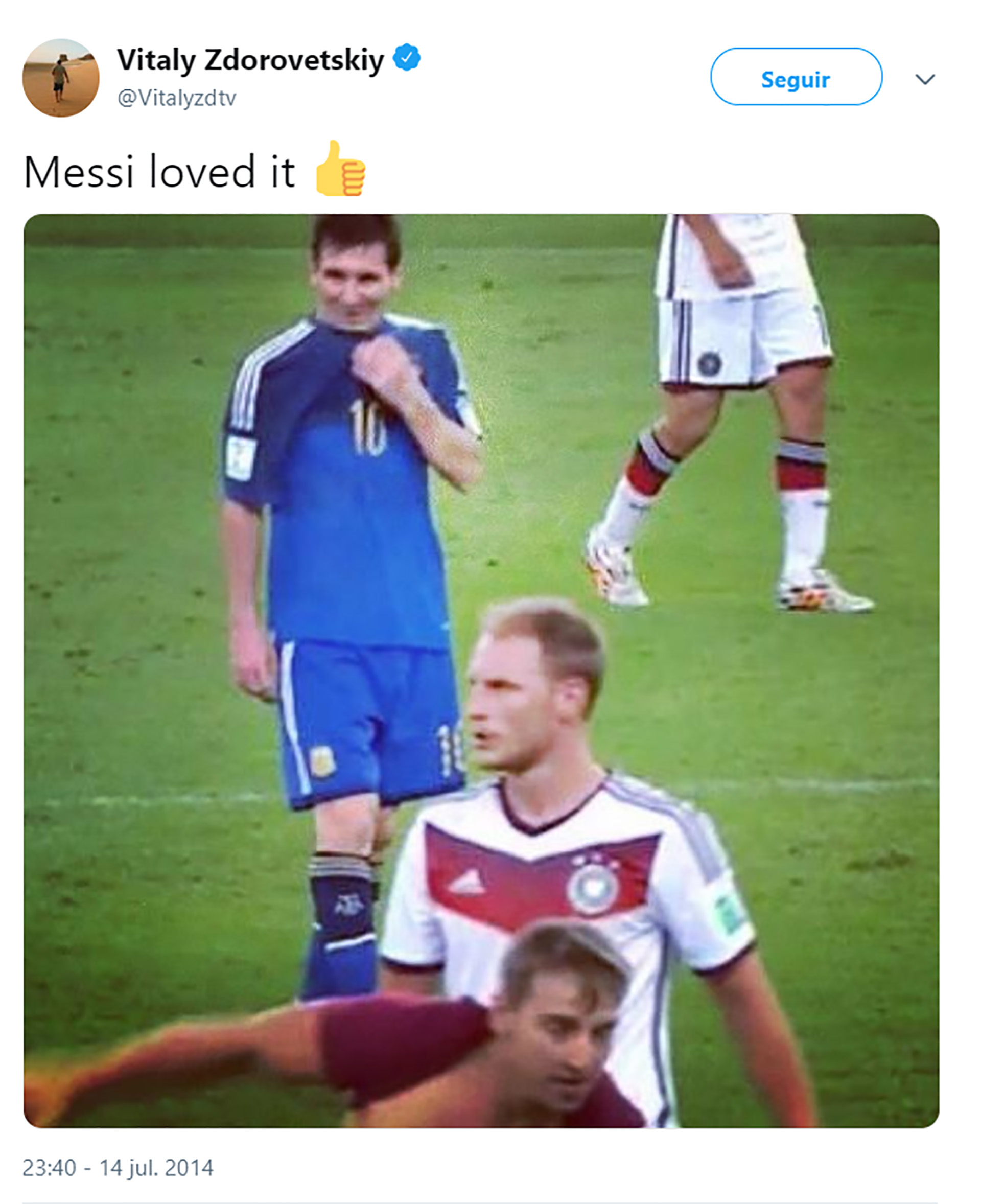 El tuit de Vitaly luego de invadir el campo de juego en la final del Mundial 2014