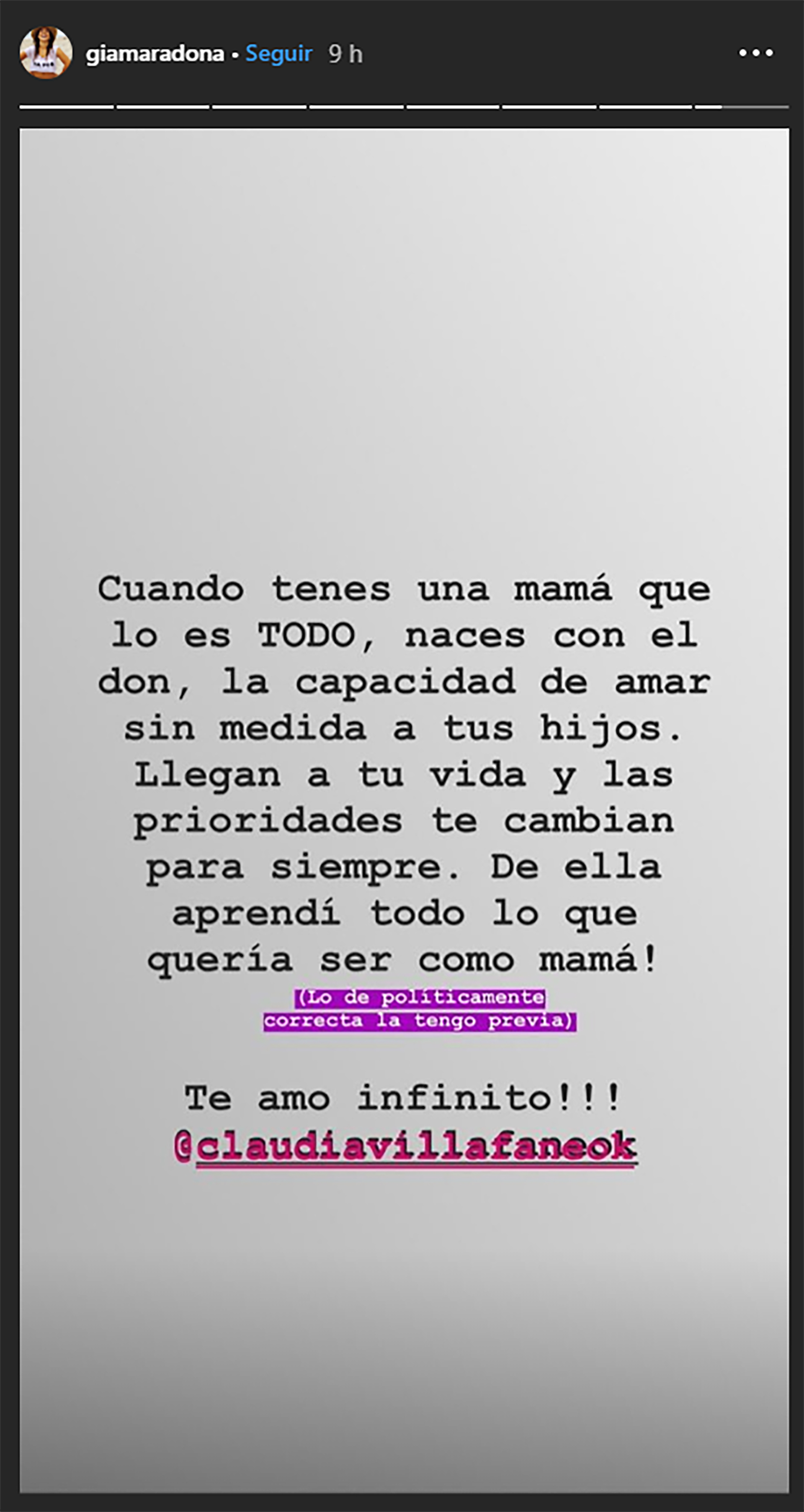 El amoroso mensaje de Gianinna Maradona a Claudia Villafañe