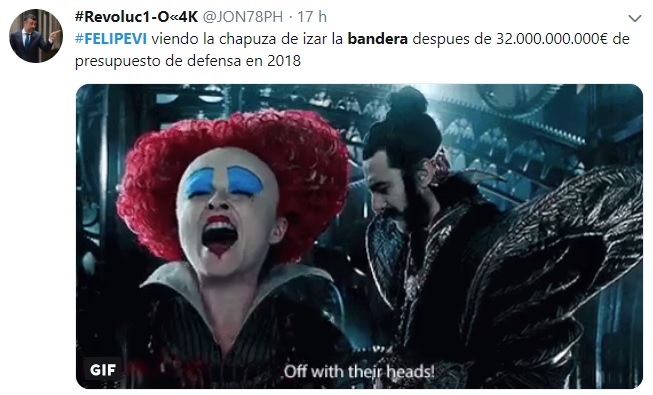 Otros compararon al rey con la Reina de Corazones de Alicia en el País de las Maravillas. “Off with their heads”, “Que les corten la cabeza” (Foto: Twitter @JON78PH)