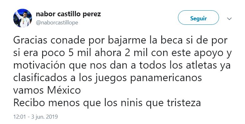 “Recibo menos que los ninis que tristeza”, fue el contundente mensaje que usó el judoka, Nabor Castillo (Foto: captura de pantalla)
