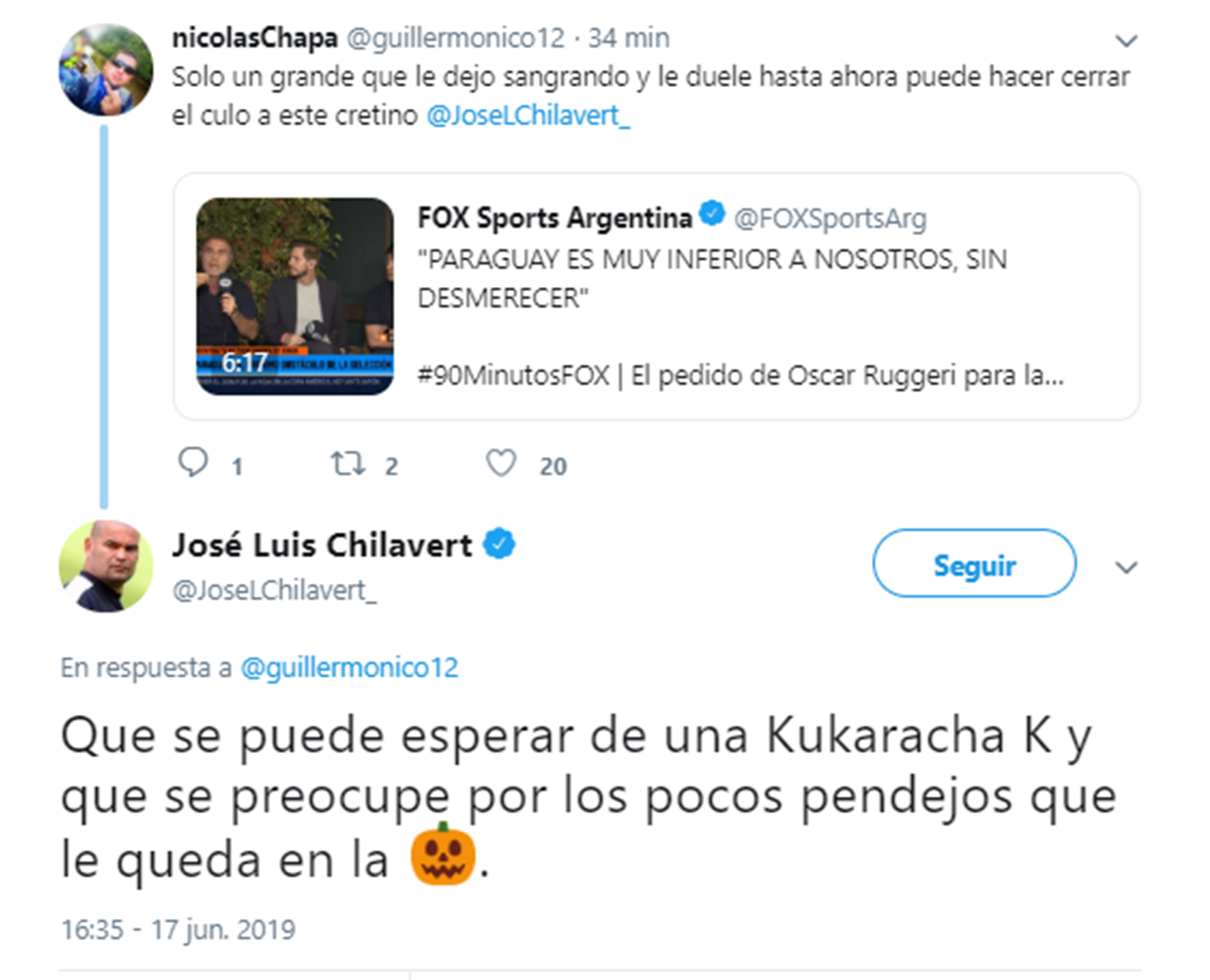 RT de Chilavert pegandole a Ruggeri y el tuit en el que lo mata (1)