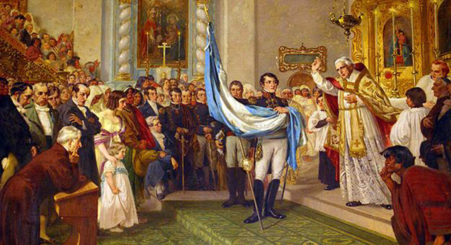 Bendición de la bandera por Juan Ignacio Gorriti en la iglesia matriz de San Salvador de Jujuy, sostenida por Manuel Belgrano. Óleo de Luis de Servi