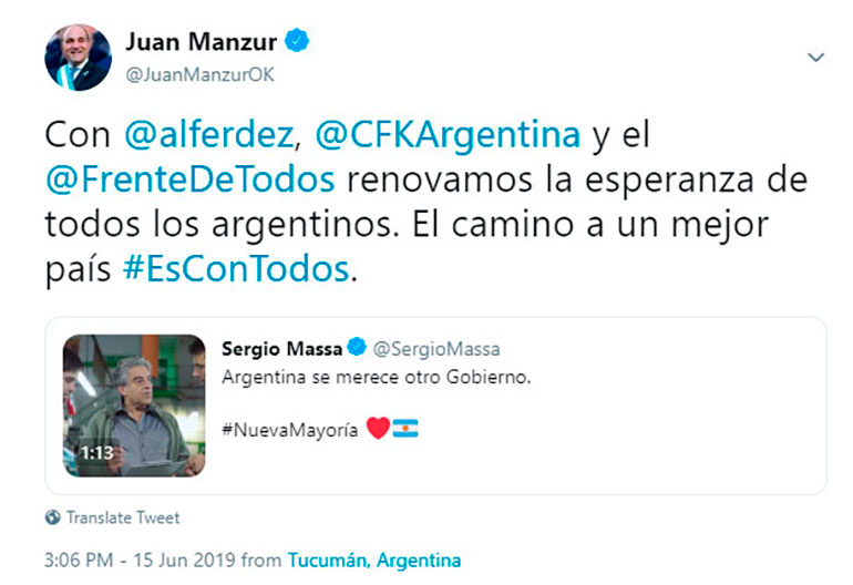 El respaldo formal de Manzur a Sergio Massa, que será primer candidato a diputado nacional en la provincia de Buenos Aires
