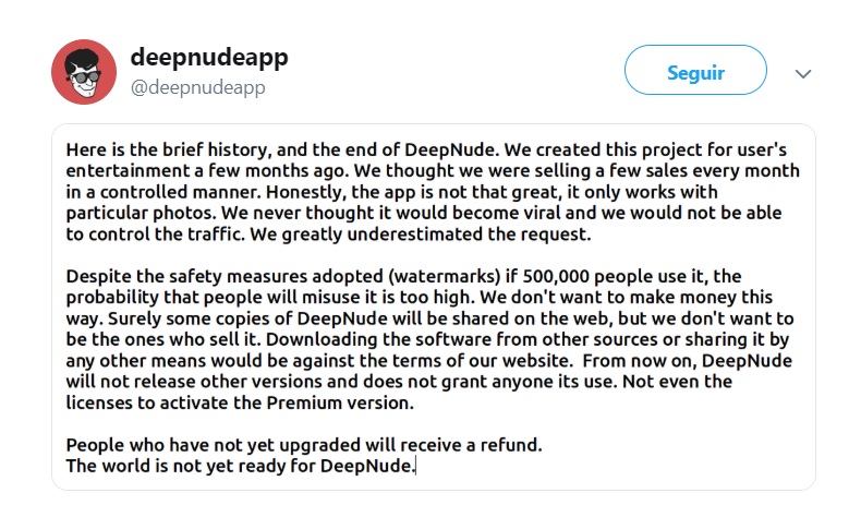 La publicación que hizo en Twitter el creador de la app explicando que decidió dar de baja el servicio.