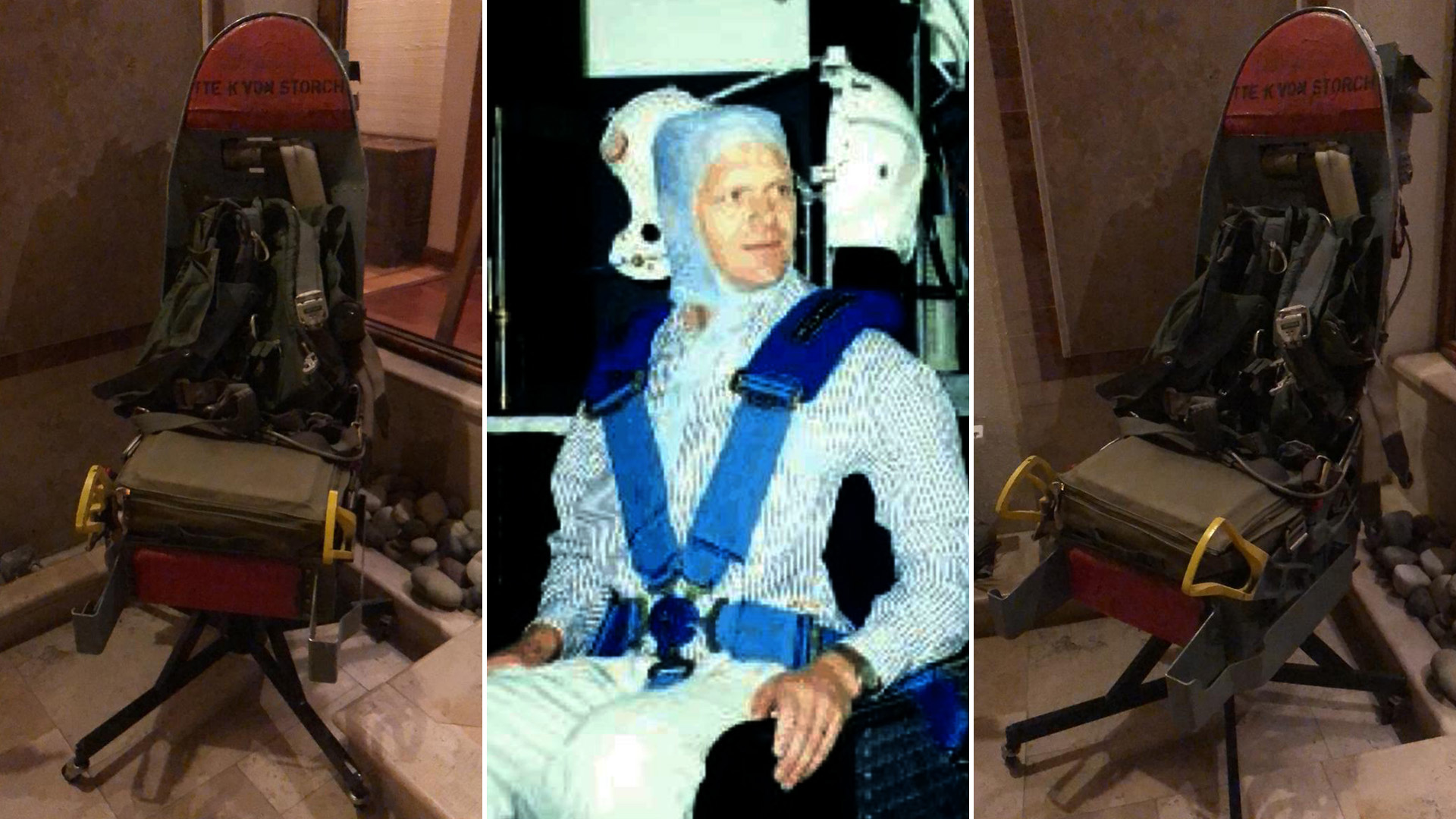 En su hogar también conserva el asiento de eyección que le salvó la vida en un accidente aeronáutico en 1986 en el que murieron otros tres pilotos