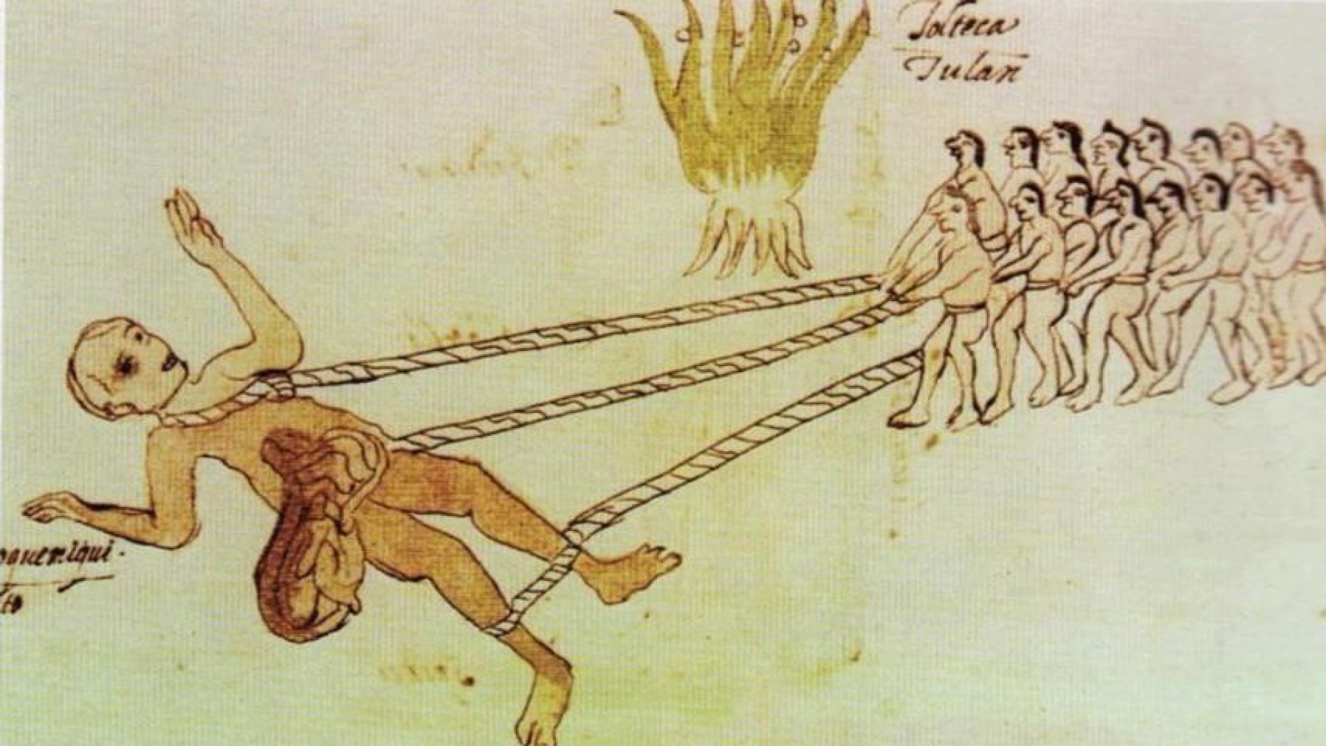 Fragmento del Códice Vaticano donde los toltecas arrastran el cuerpo de un gigante muerto que abandonó el Dios Tezcatlipoca en Tula. De acuerdo con esta narración, mientras las personas jalaban al gigante, la tierra se abrió y cayeron a un precipicio (Foto: Wikipedia)