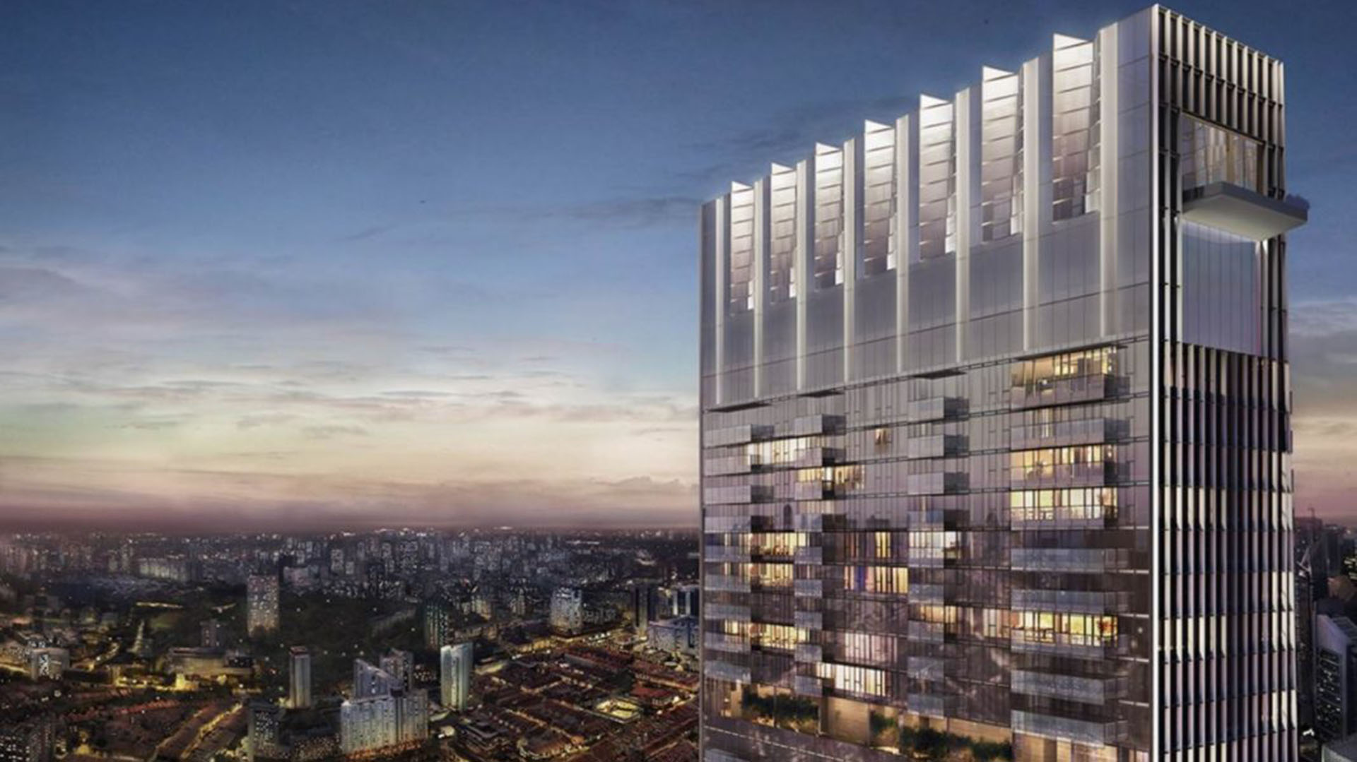 Este apartamento lujoso en la residencia Wallich, con ascensor privado, ocupa las tres últimas plantas de una torre de 64 pisos y 290 metros de alto, que se encuentra en el centro financiero de la ciudad y ofrece una vista panorámica (Sotheby’s Realty website)