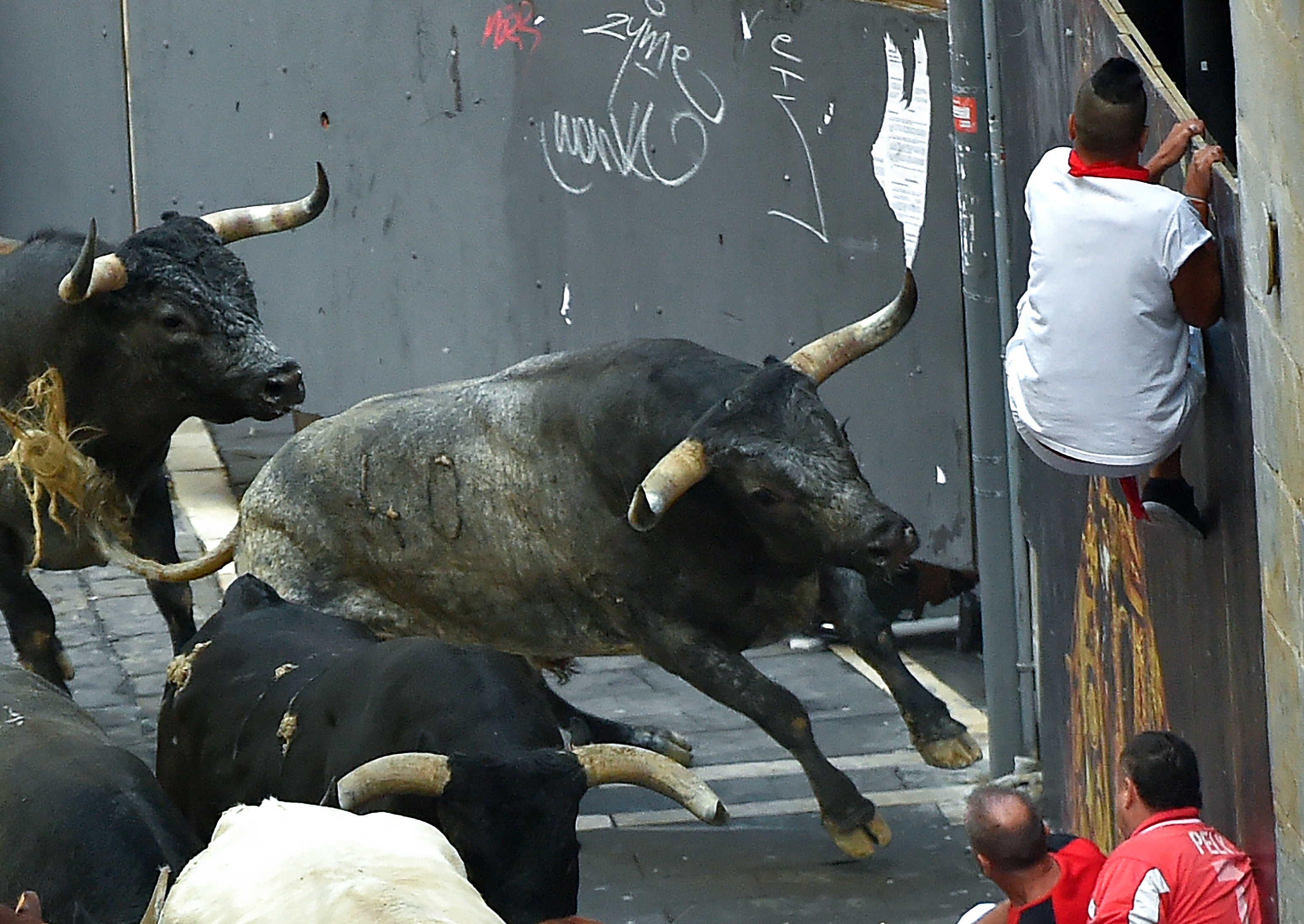 El toro rezagado golpeó a varios mozos, con el resultado de tres heridos por asta, dos en brazos y uno en una pierna y todos ellos quedarán ingresados en el hospital de Pamplona (norte), según el parte médico